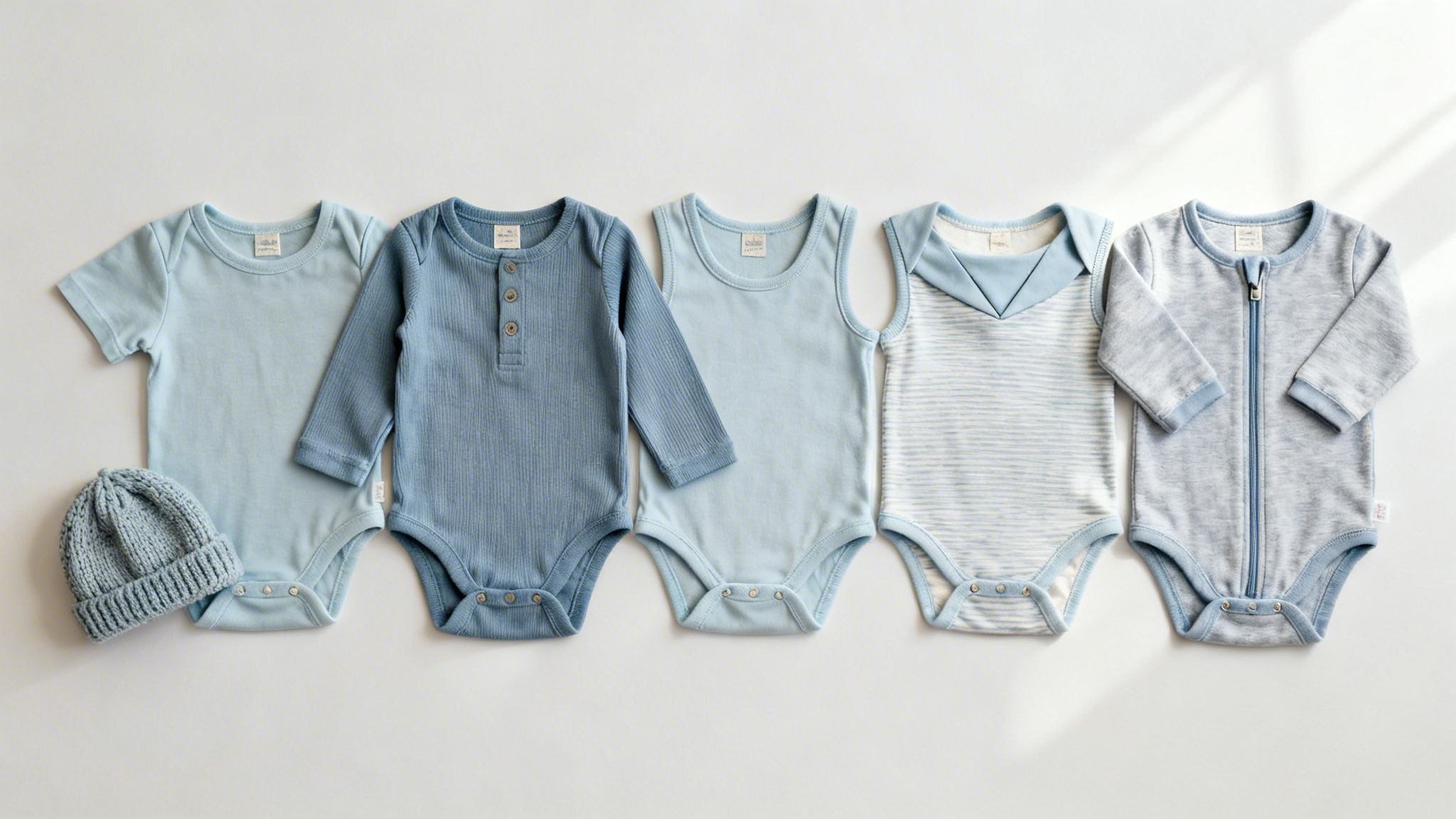 Five baby boy bodysuits and a knitted hat in various shades of blue and white.