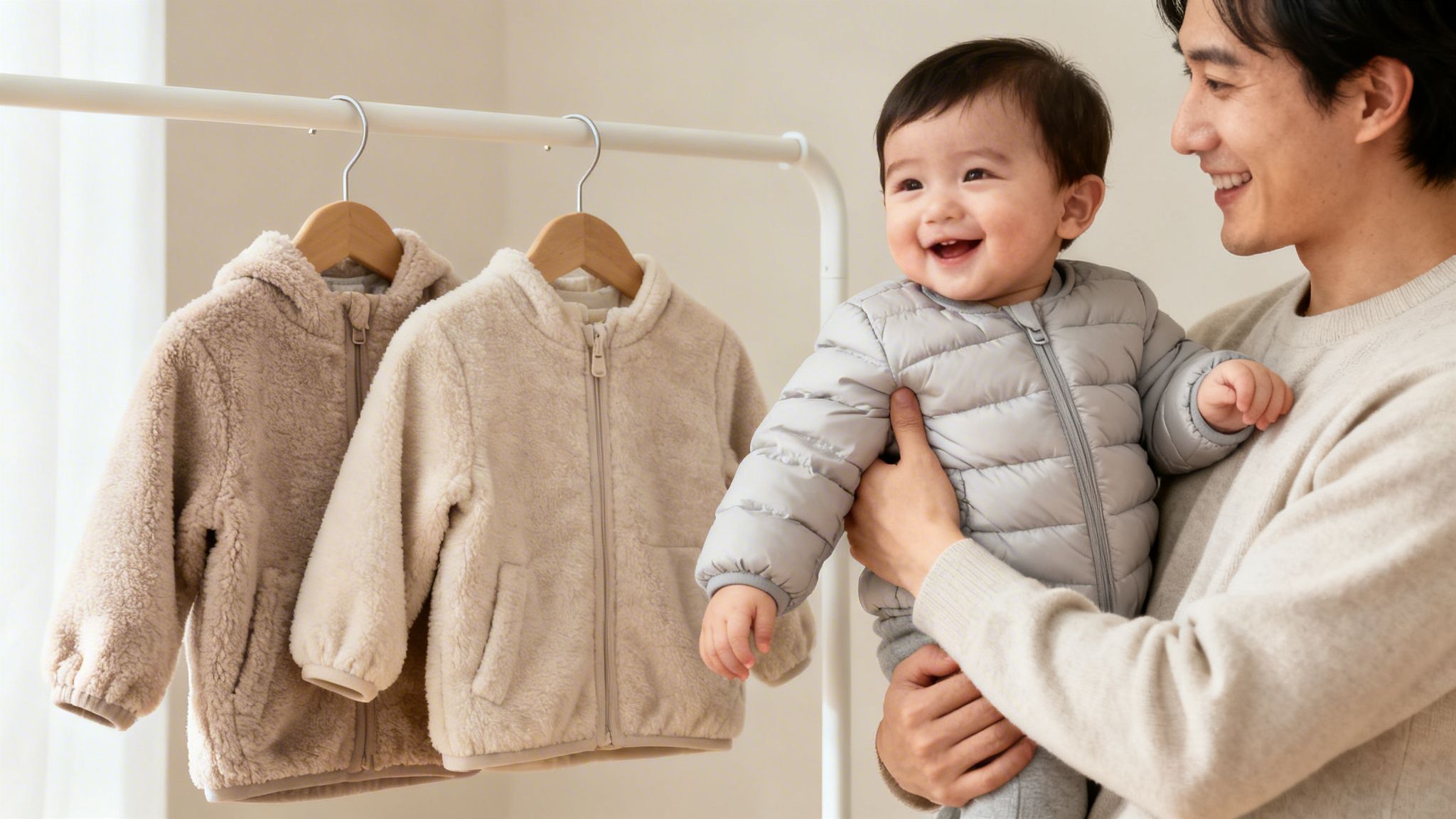 A smiling man holds a happy baby boy next to a rack of warm baby coats.