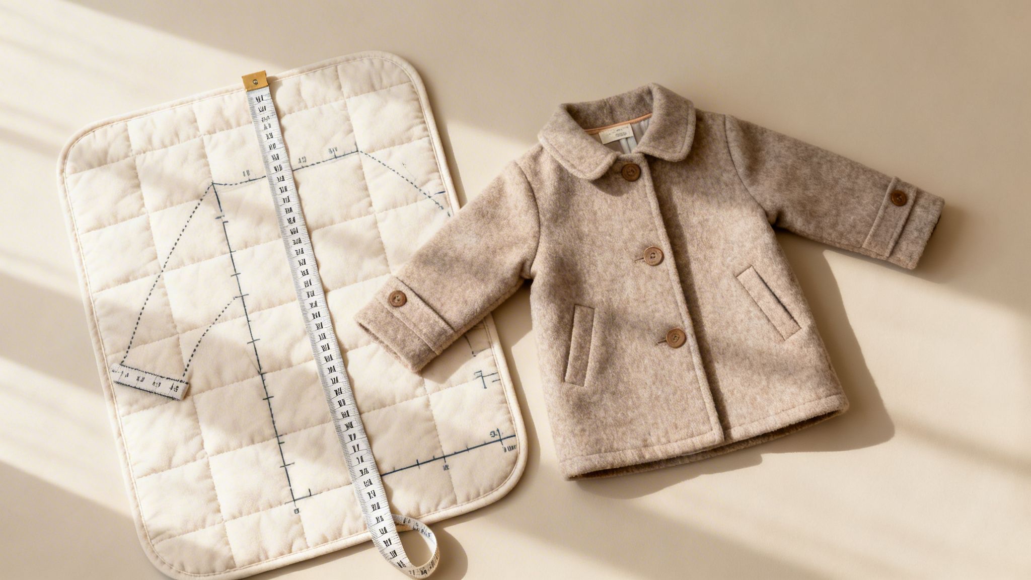 A cozy beige baby coat lies next to a quilted mat with a sewing pattern and measuring tape.