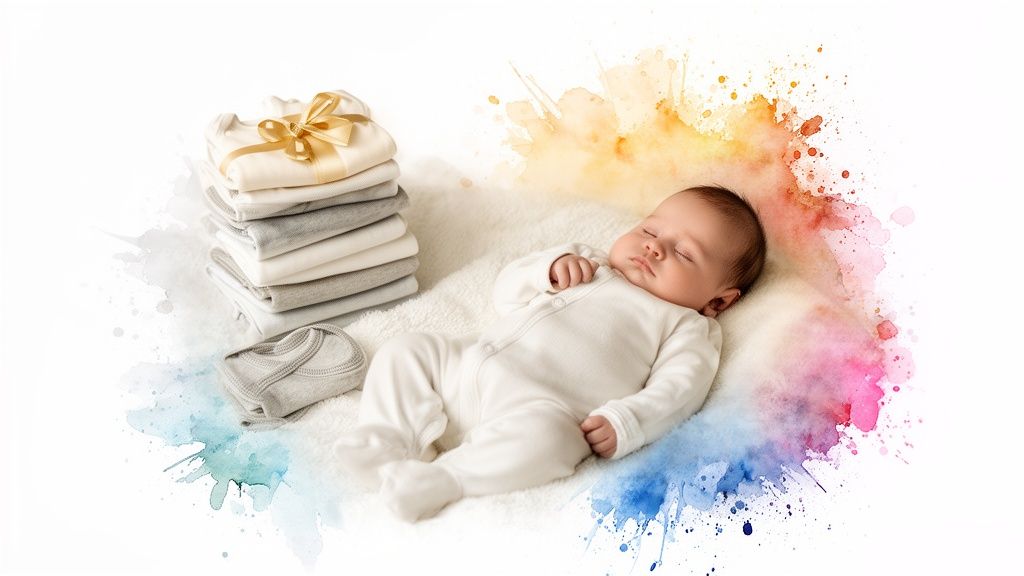 A peaceful sleeping baby in a white onesie next to a stack of gender-neutral baby clothes.