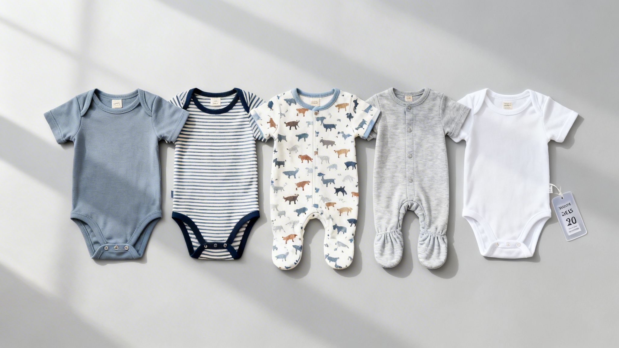 Five adorable baby boy rompers and bodysuits in blue, white, gray, and striped patterns, displayed neatly.