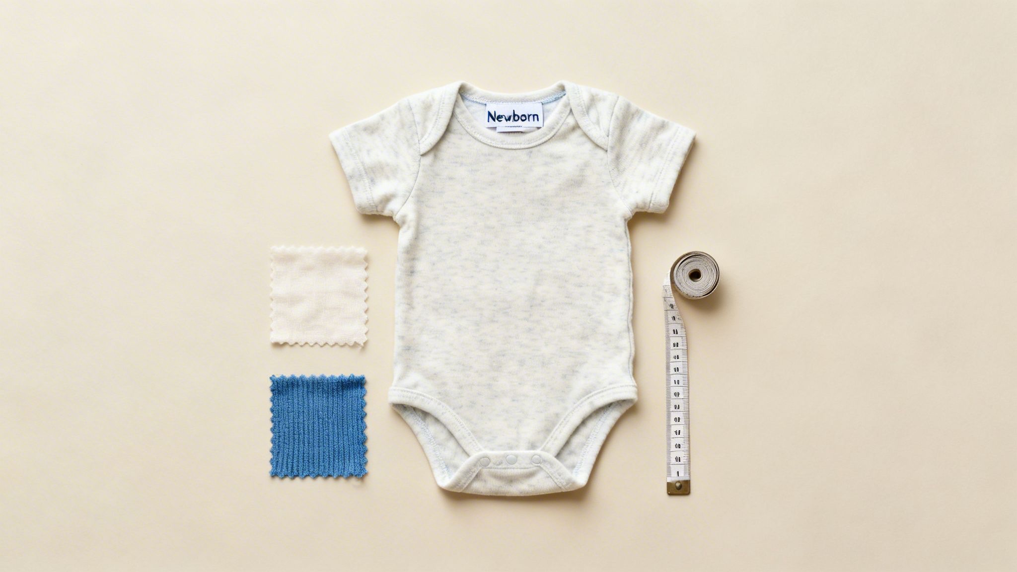 Newborn baby romper, two fabric swatches, and a measuring tape on a light background.