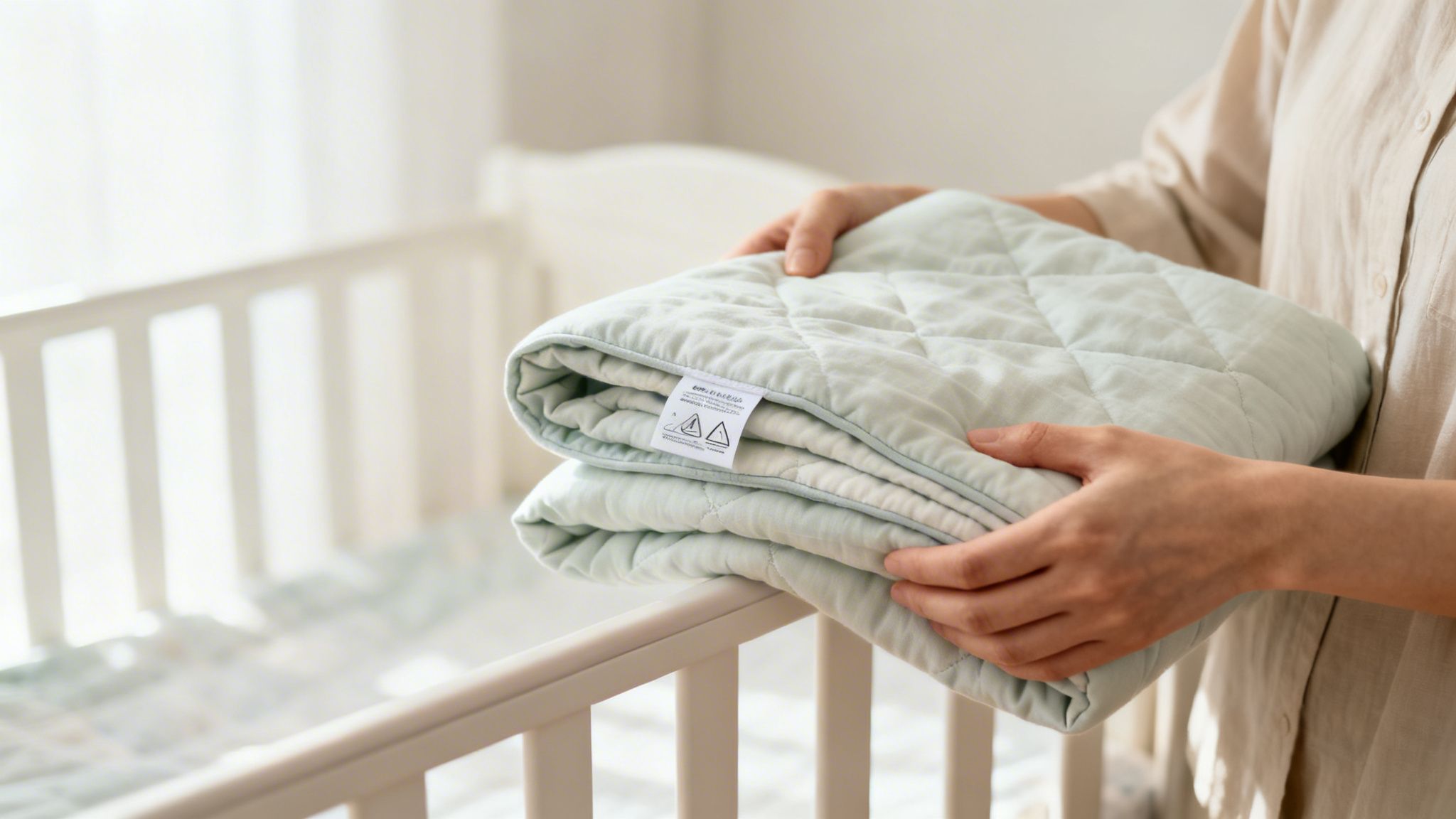 A person's hands are holding a folded light green quilted baby blanket above a crib.