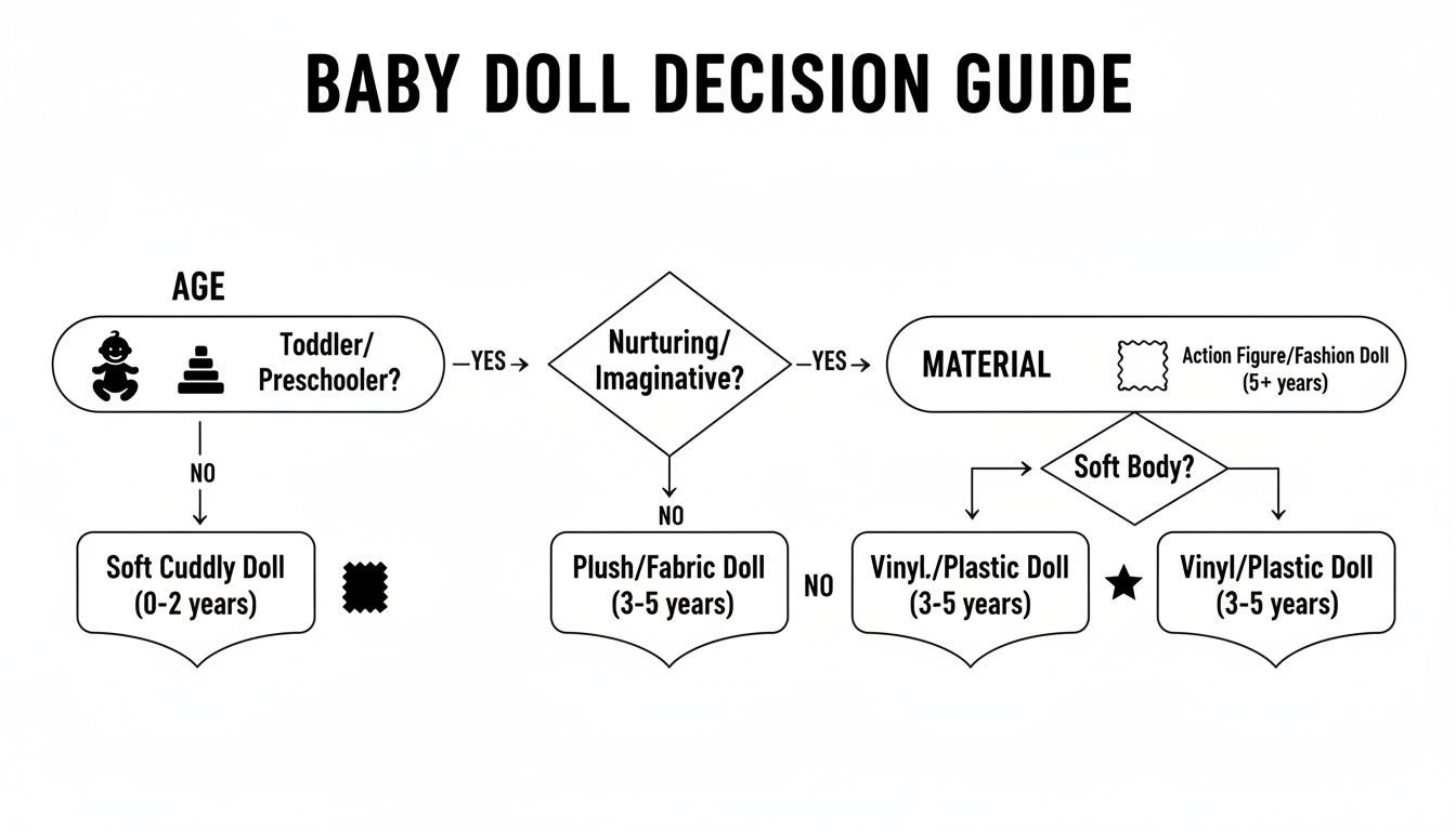 Flowchart guiding baby doll toys selection based on child's age, play style, and material preferences.