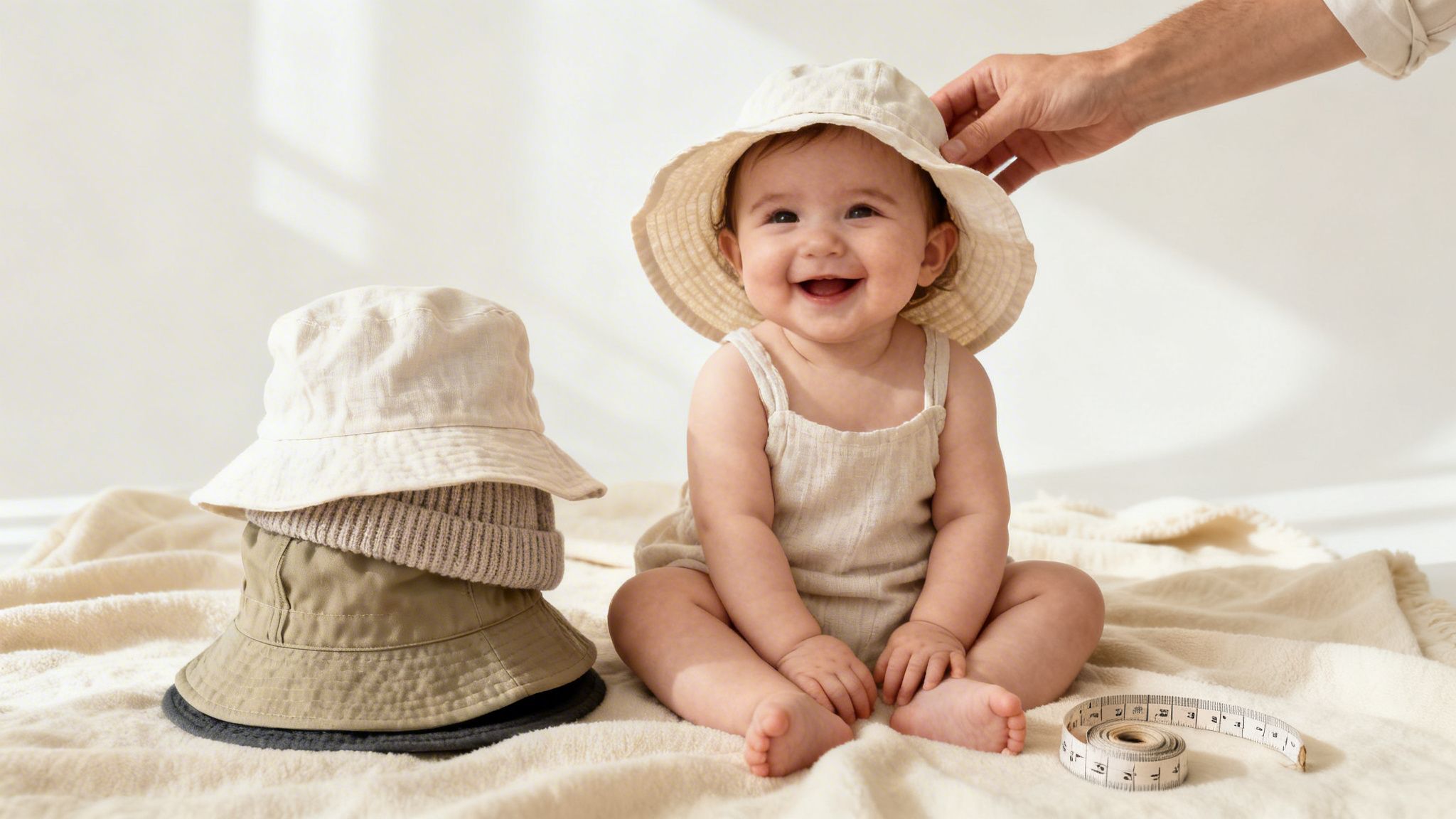 A smiling baby girl wears a cream bucket hat, with a hand adjusting it, beside a stack of hats.