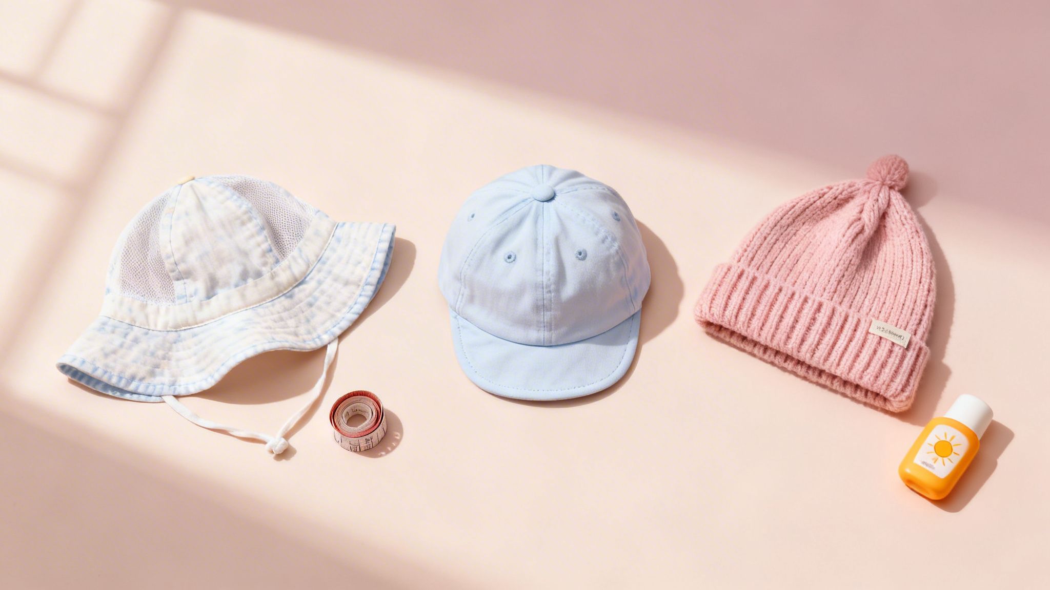 Three baby hats (bucket, baseball, beanie) with measuring tape and sunscreen on a pink background.