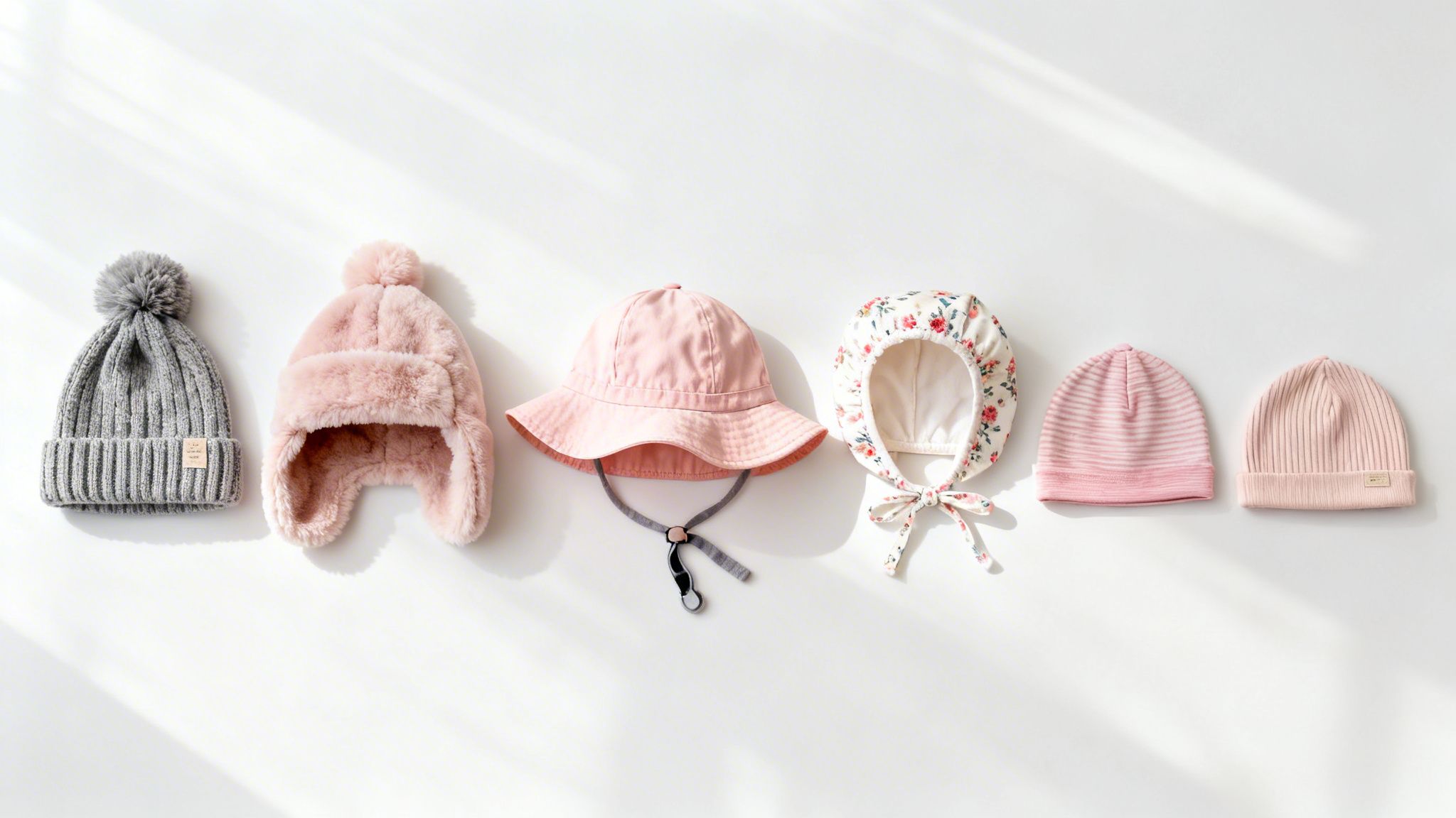 An overhead shot of six adorable baby hats in different styles and pastel colors on a white surface.