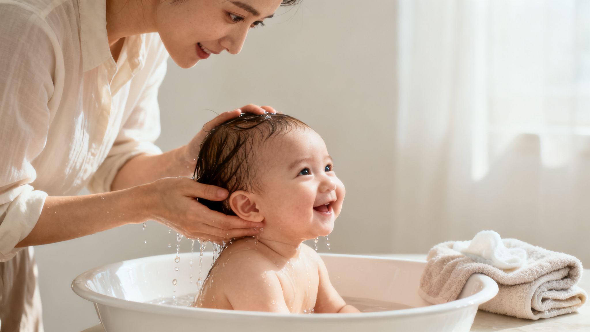 A loving mother gently washes her baby's hair in a basin, the baby smiling joyfully.