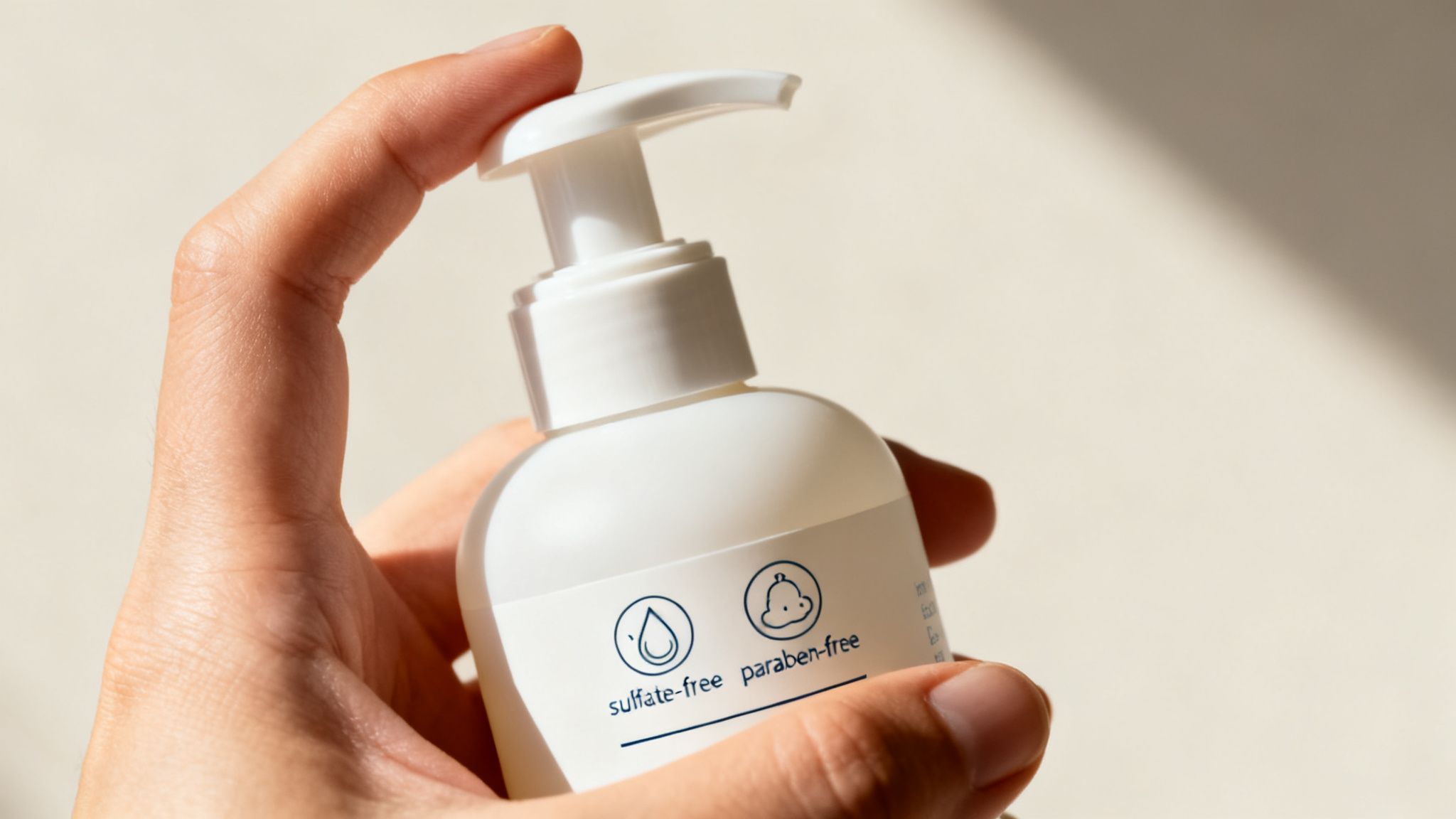 A hand holds a white pump bottle labeled 'sulfate-free' and 'paraben-free' for gentle care.
