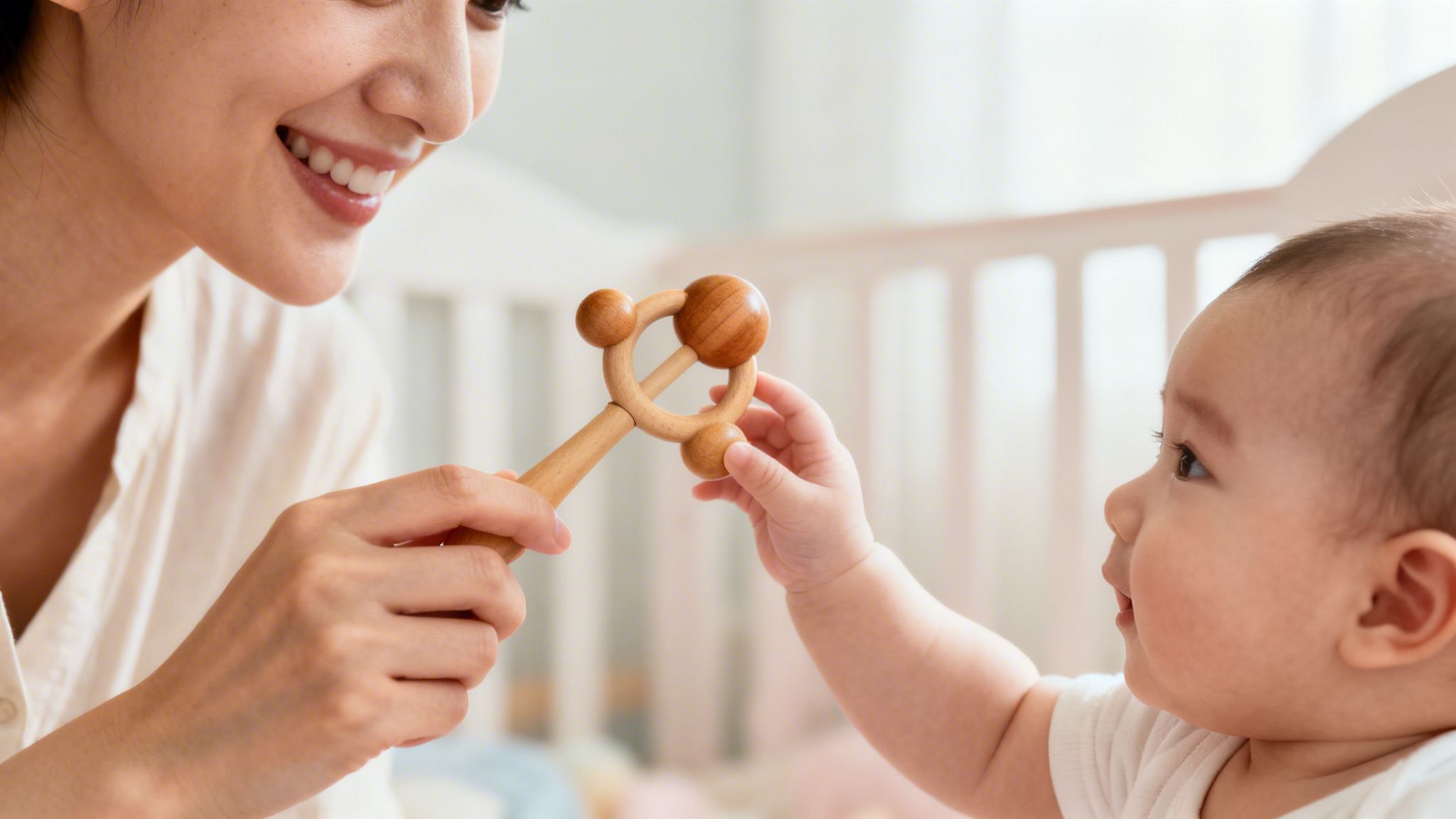 A smiling woman offers a wooden rattle to a curious baby, who reaches out for it.