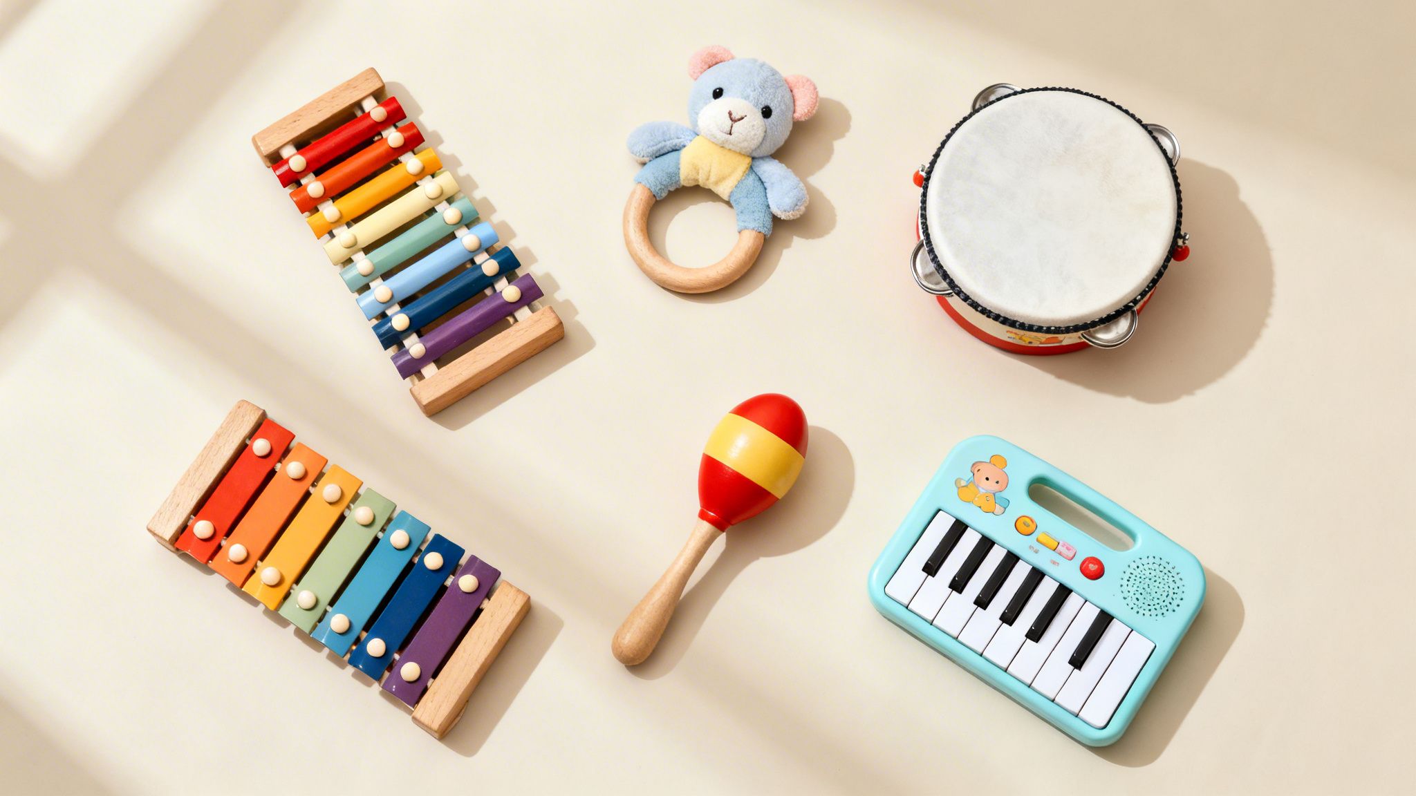 An overhead view of various colorful baby musical instruments and a bear rattle on a light background.
