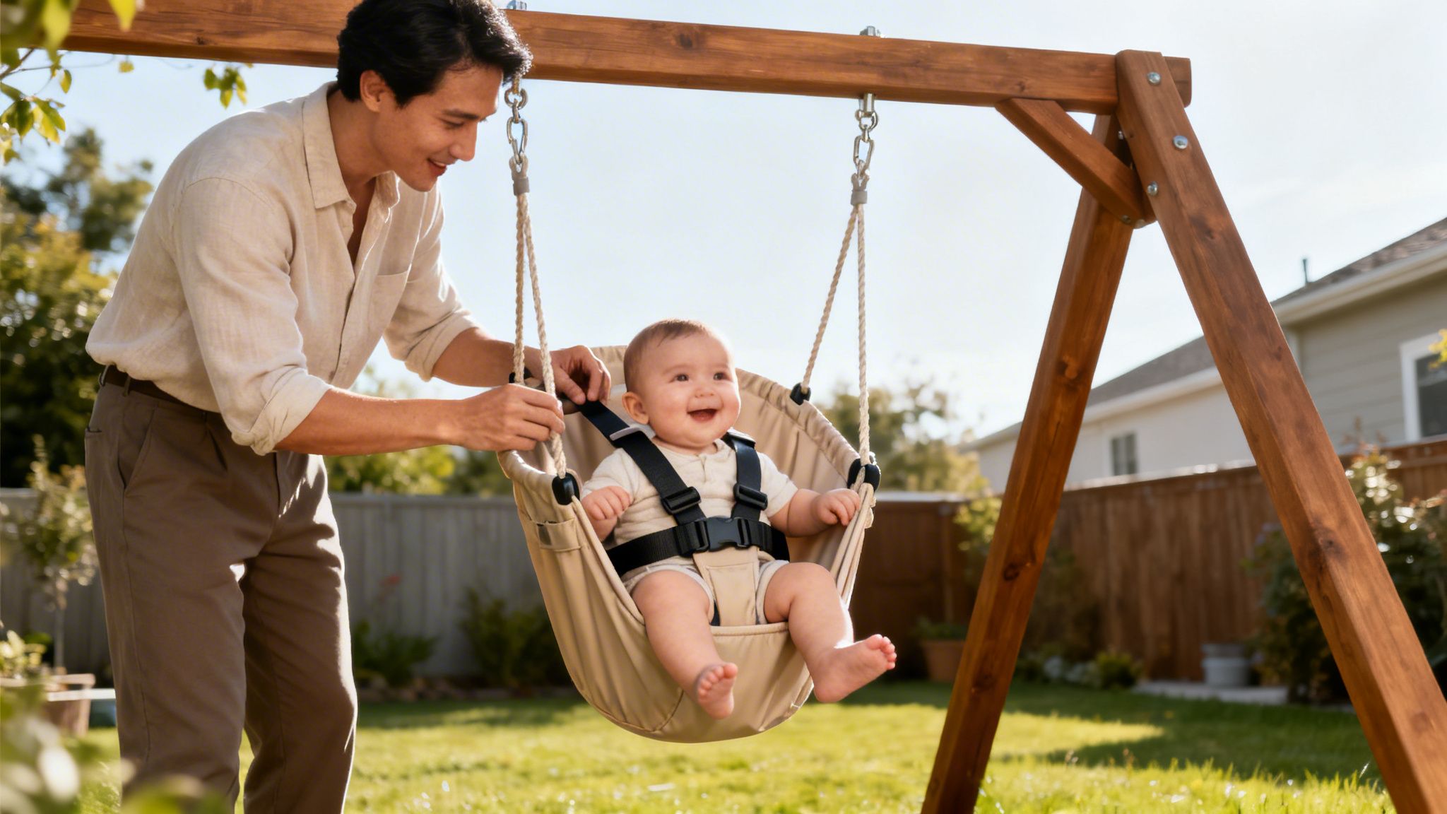 A smiling father gently places his happy baby into a secure outdoor swing in a sunny backyard.