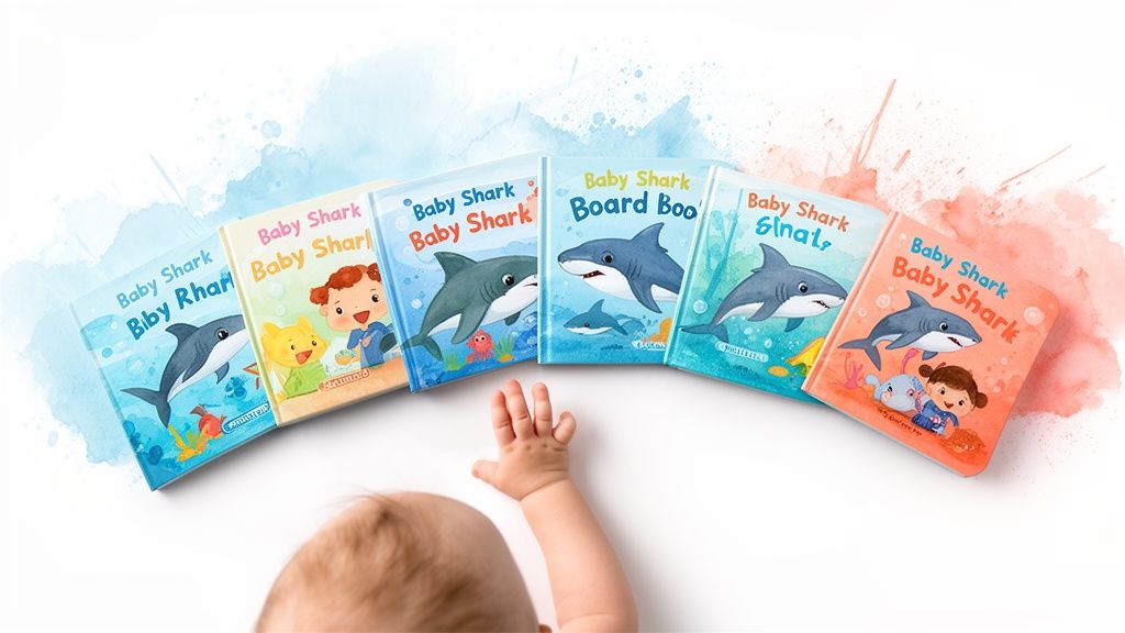 A baby's hand reaches for an arc of colorful 'Baby Shark Books' themed children's books.