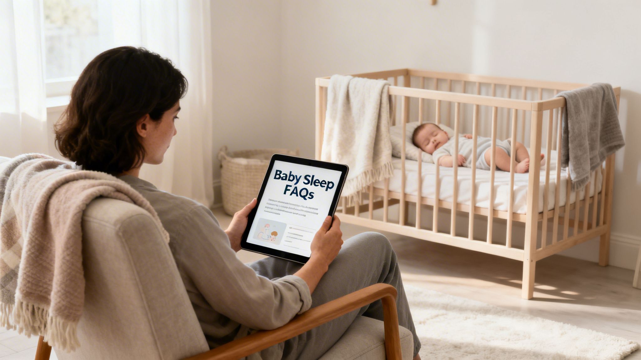 A parent researches baby sleep tips on a tablet while their infant naps peacefully in a crib.