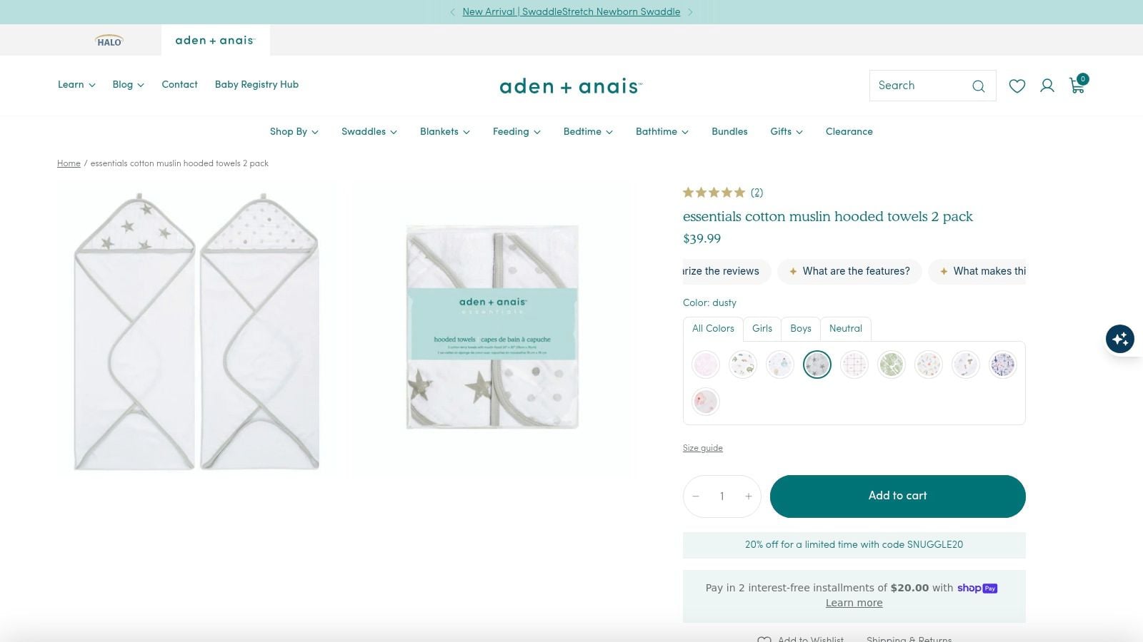 aden + anais essentials — Cotton Muslin Hooded Towels (2-pack)