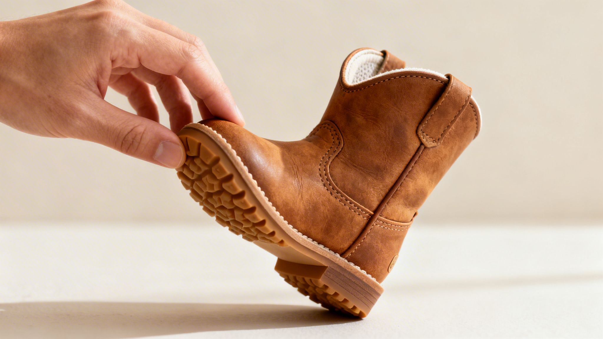A hand holds a single brown infant cowboy boot, showcasing its textured sole and detailed stitching.