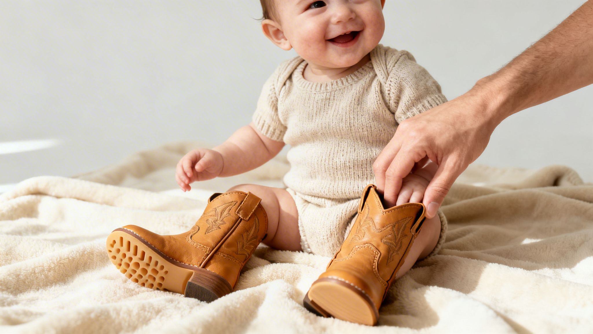A smiling baby in a onesie sits on a blanket as an adult helps with tiny brown cowboy boots.