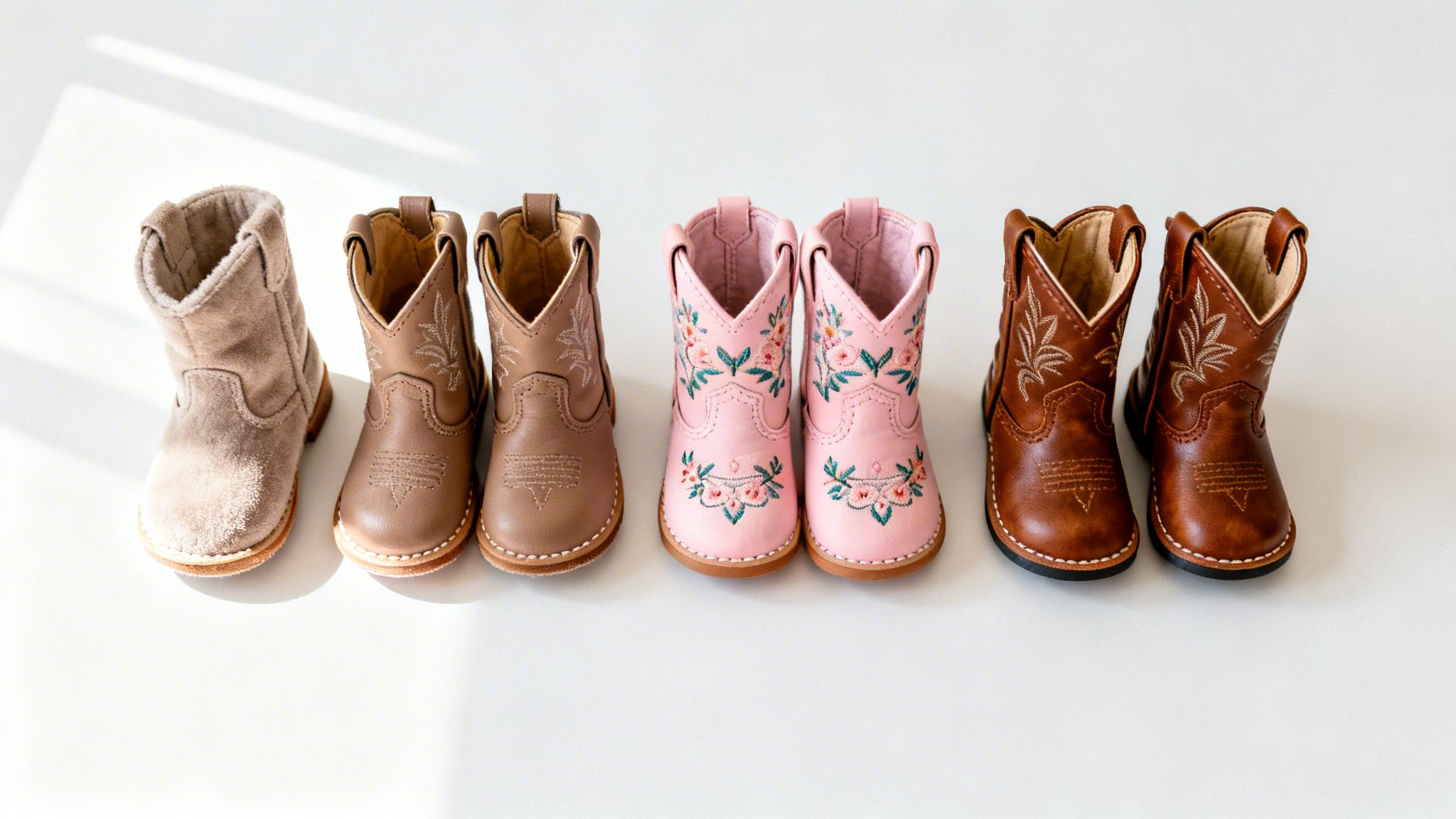 Four pairs of adorable infant cowboy boots in various colors and styles, including suede, leather, and floral embroidery.