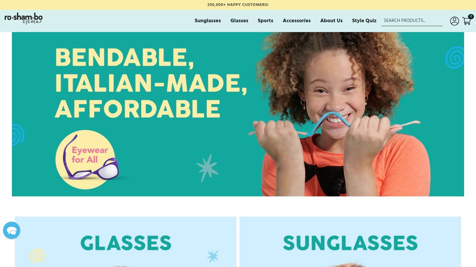 A pair of Ro•Sham•Bo Baby infant sunglasses being bent to show their flexibility.