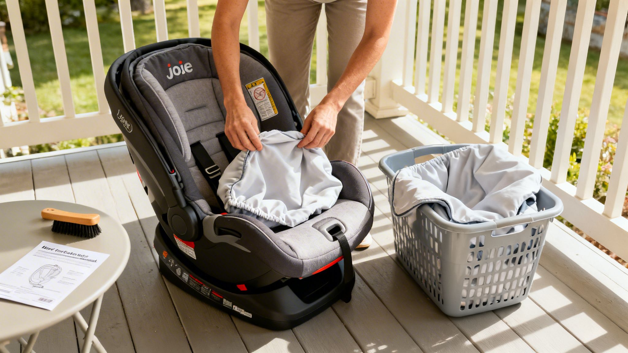 Person removing a light grey cover from a Joie baby car seat outdoors for cleaning.