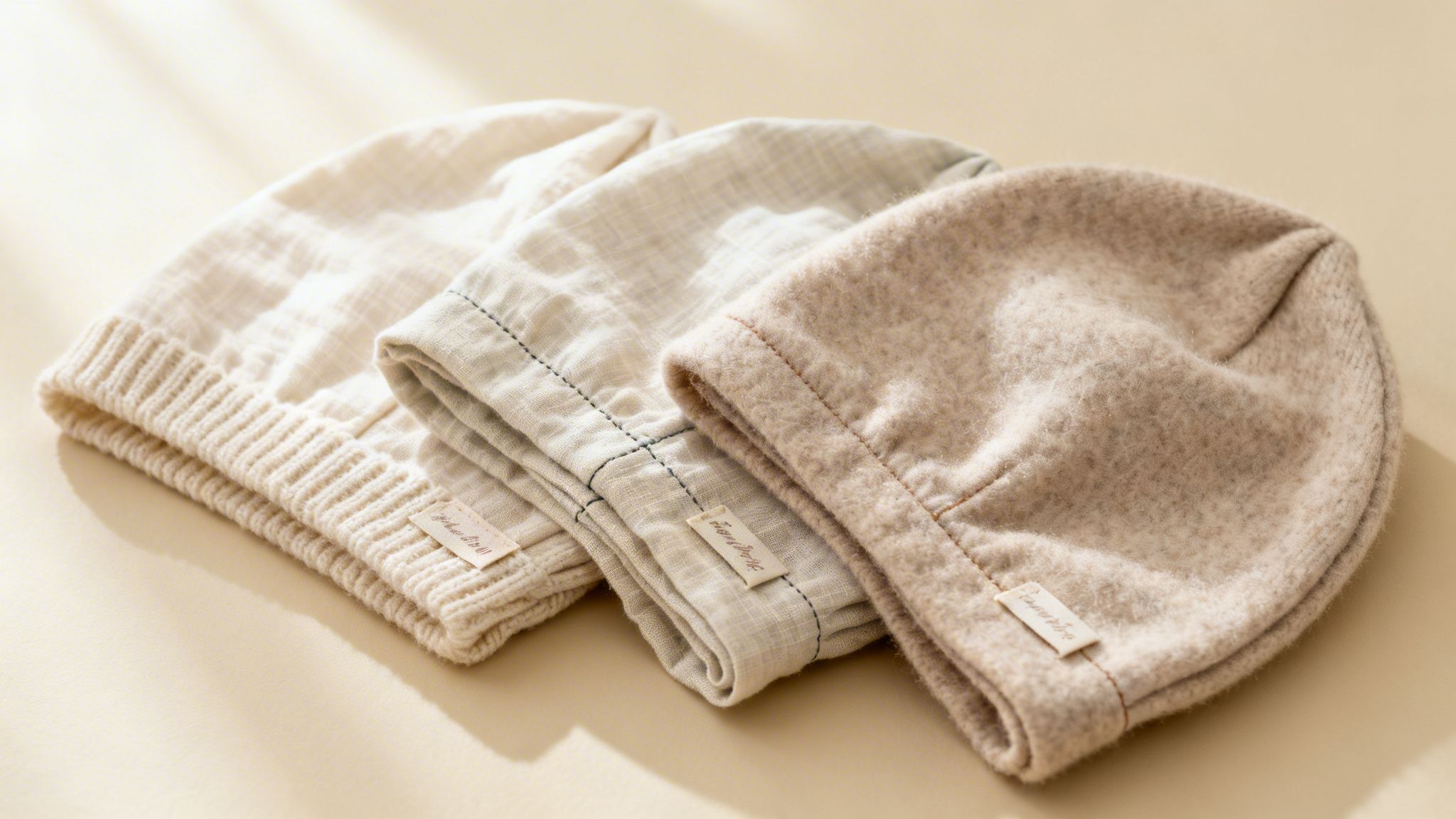 Three soft, neutral-colored baby bonnets with varying textures, displayed on a light beige surface.