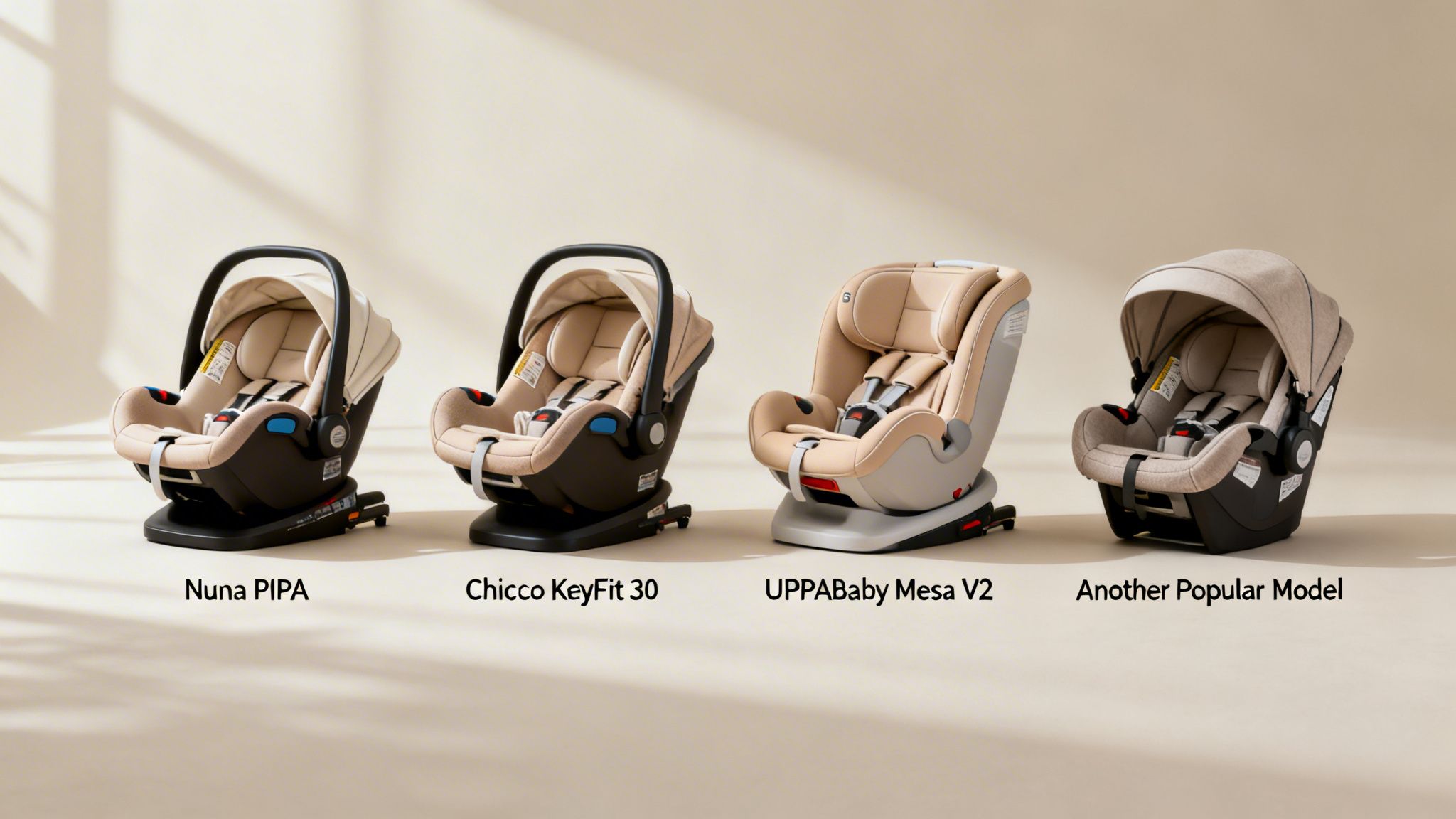 Four popular beige infant car seats: Nuna PIPA, Chicco KeyFit 30, UPPAbaby Mesa V2, and another model.