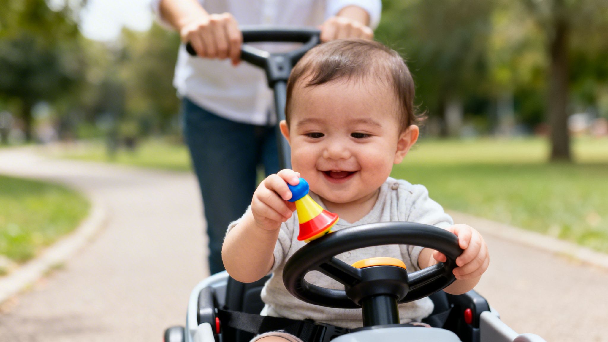 A joyful baby in a push car, holding a toy horn, being pushed by an adult in a sunny park.