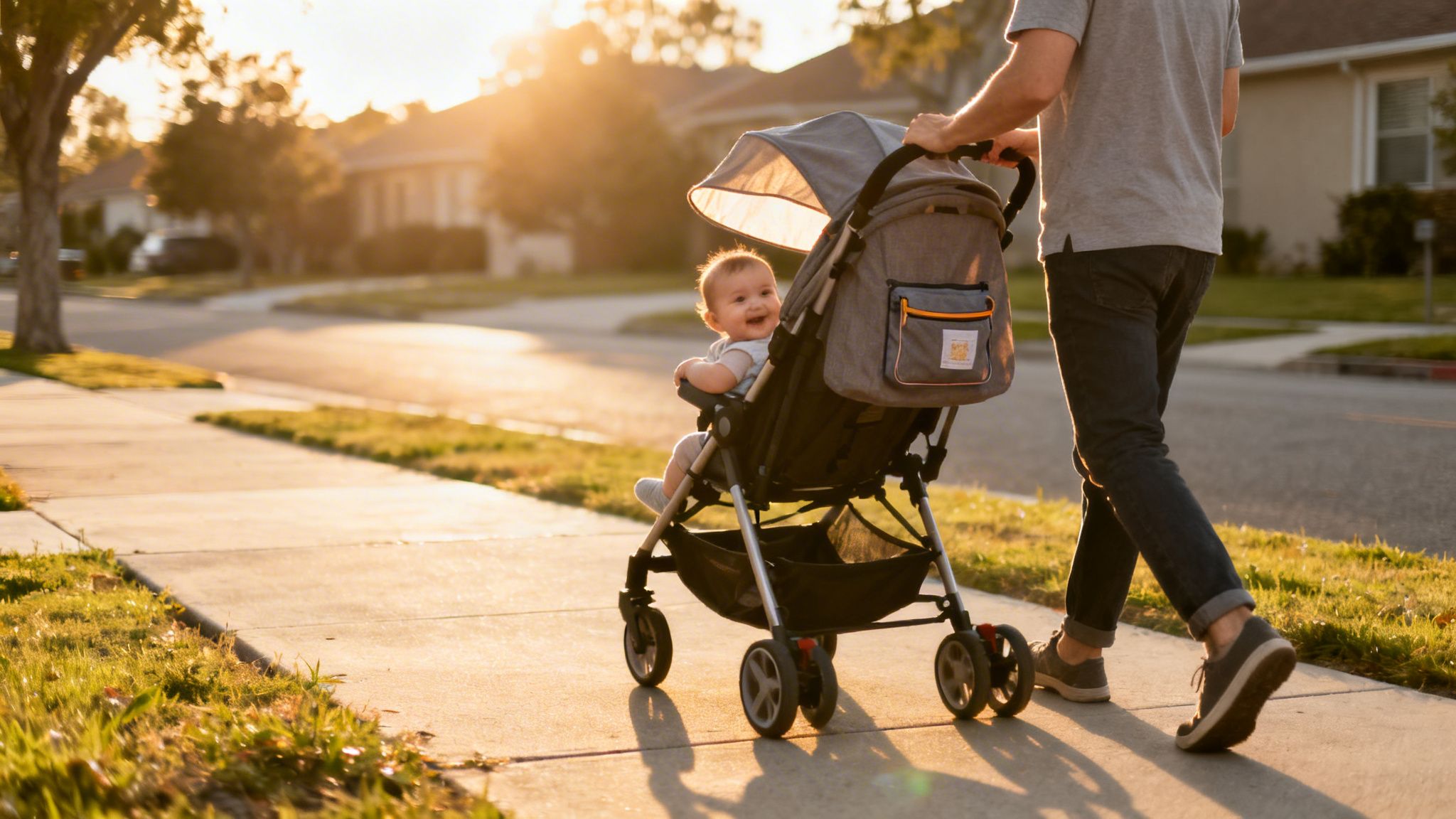 A person pushes a happy baby in a stroller on a sunlit sidewalk at golden hour.