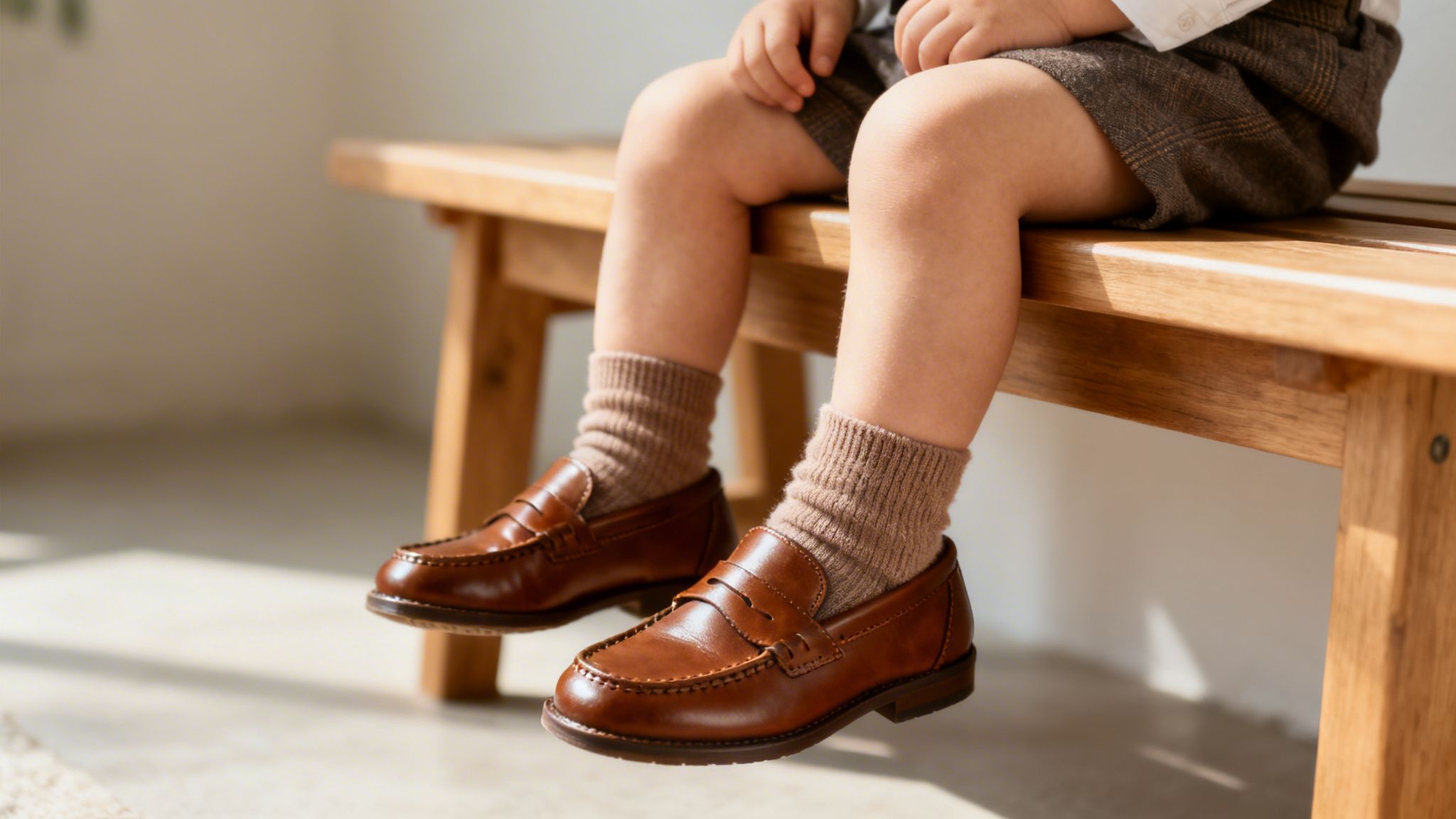 Close-up of a toddler boy's legs wearing brown leather loafers and ribbed socks on a wooden bench.