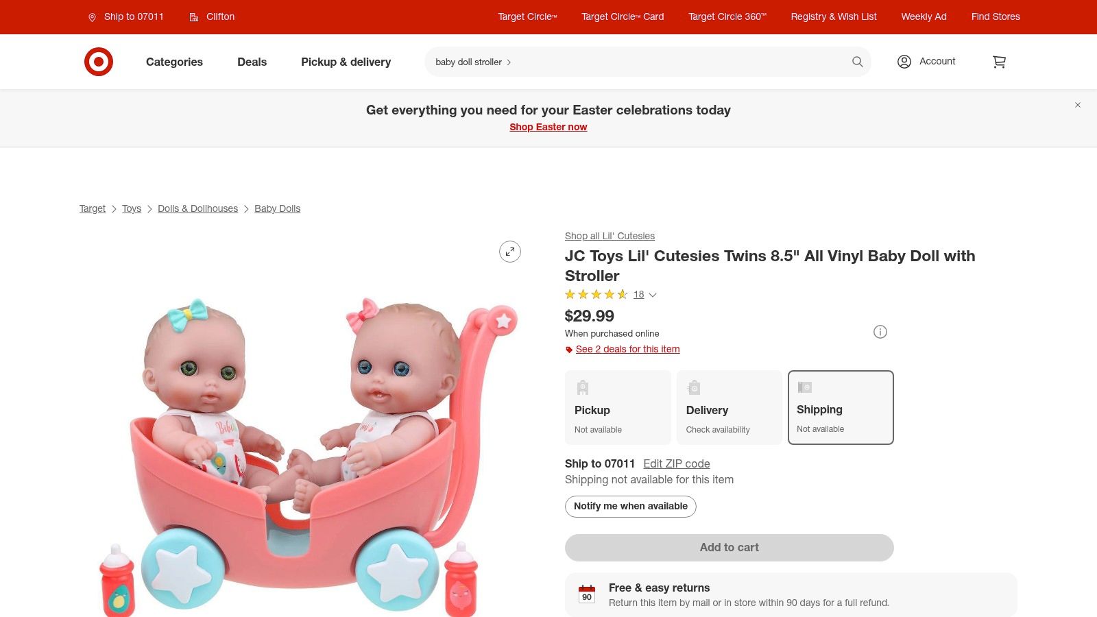 JC Toys Lil’ Cutesies Twins 8.5" All‑Vinyl Baby Doll with Stroller (double set)