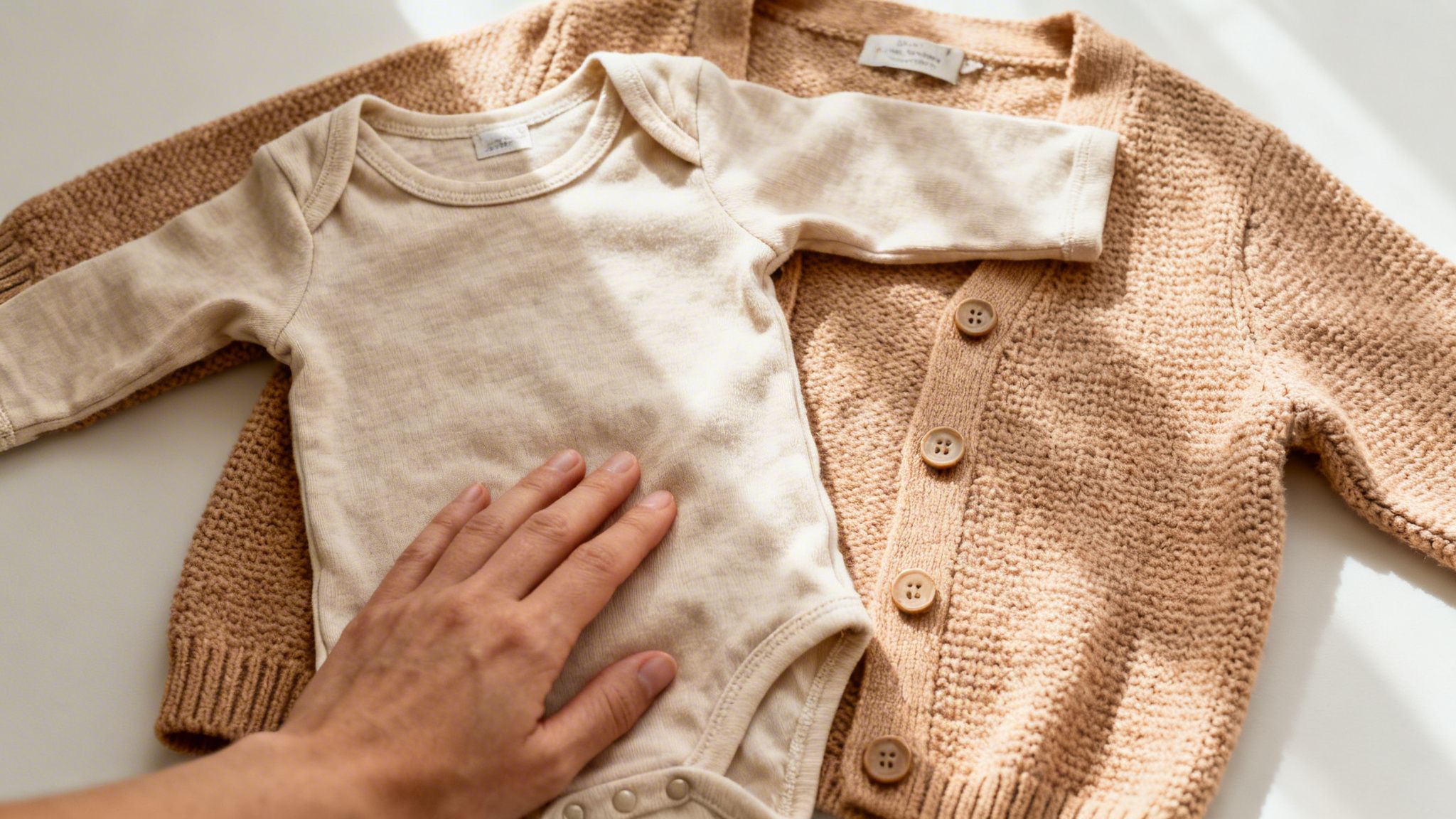 A hand gently touches a beige baby bodysuit lying on a knitted brown baby cardigan. Baby girl thanksgiving outfit.