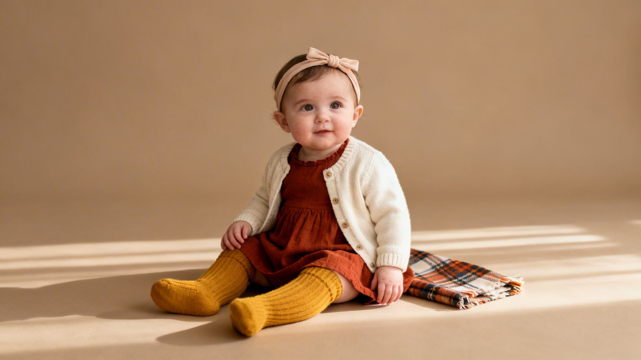 A cute baby girl in an orange baby girl thanksgiving outfit, white cardigan, and yellow socks sitting on a brown background.