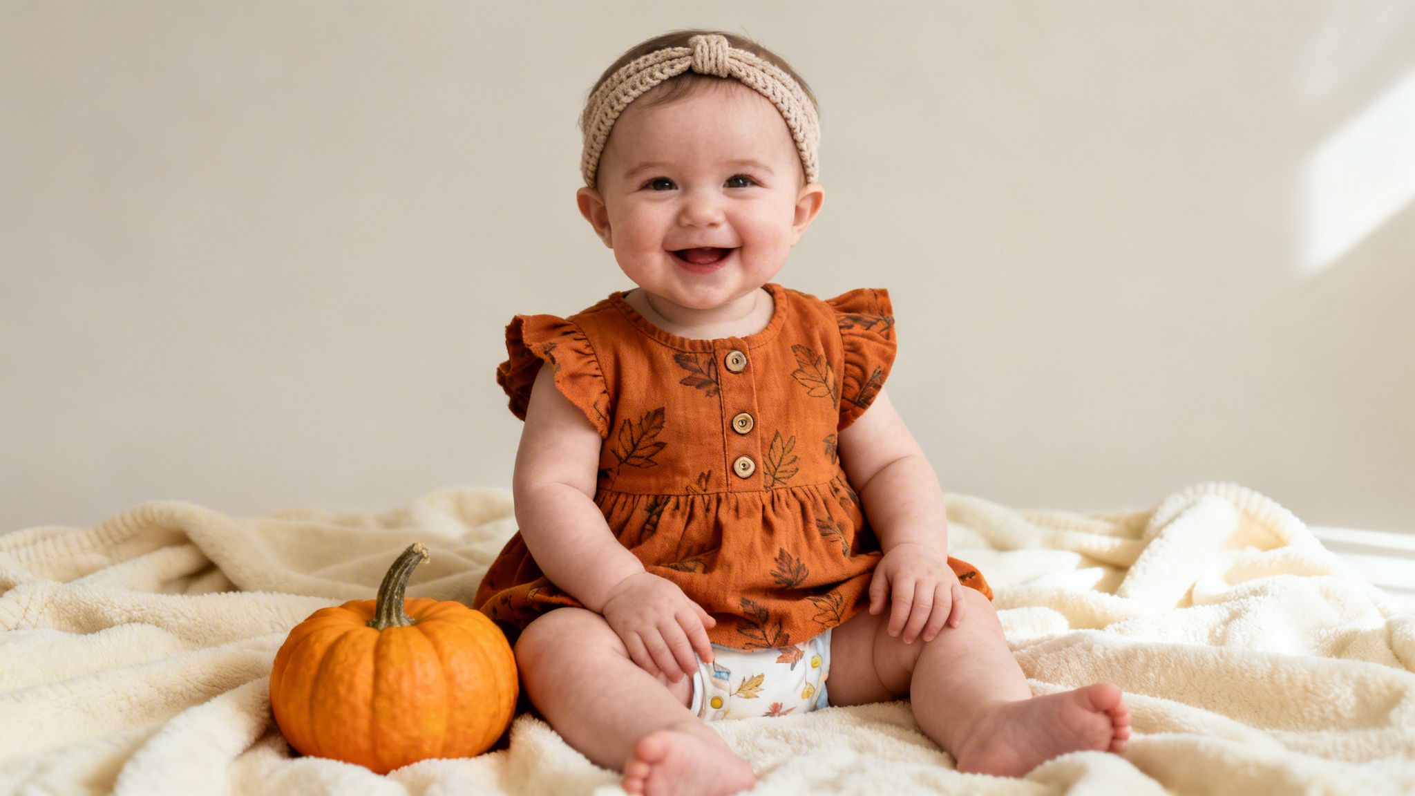 A joyful baby girl in an autumn-themed baby girl thanksgiving outfit sits with a pumpkin on a cream blanket.