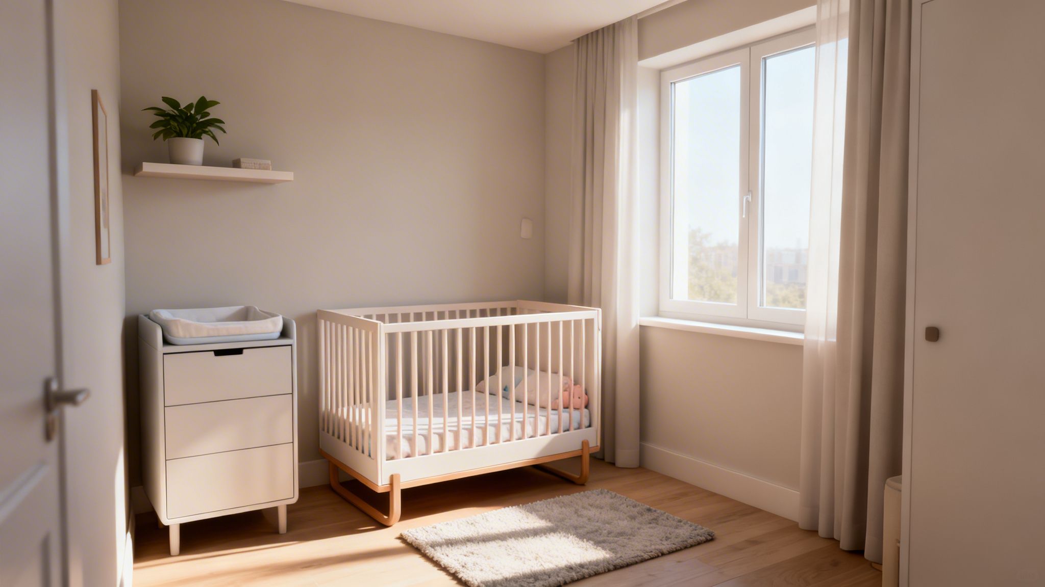 A bright and airy baby nursery with a white convertible crib, changing table, and a window.