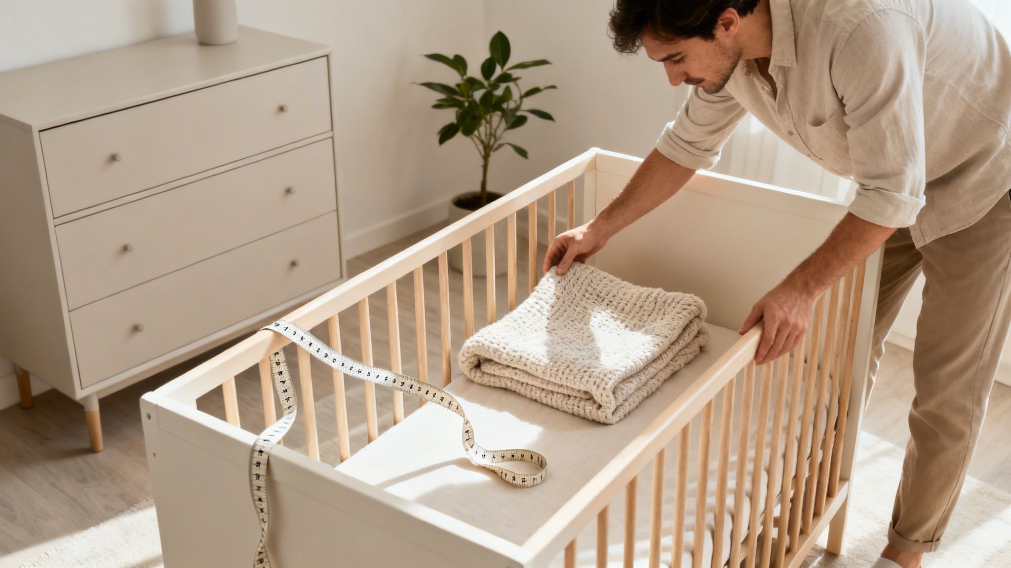 A man gently places a soft, folded blanket into a white wooden baby crib in a sunlit nursery, before writing some honest convertible crib reviews.