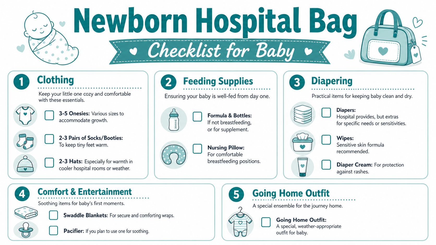 An organized checklist for newborn hospital bag essentials, categorized into clothing, feeding, diapering, comfort, and outfits.