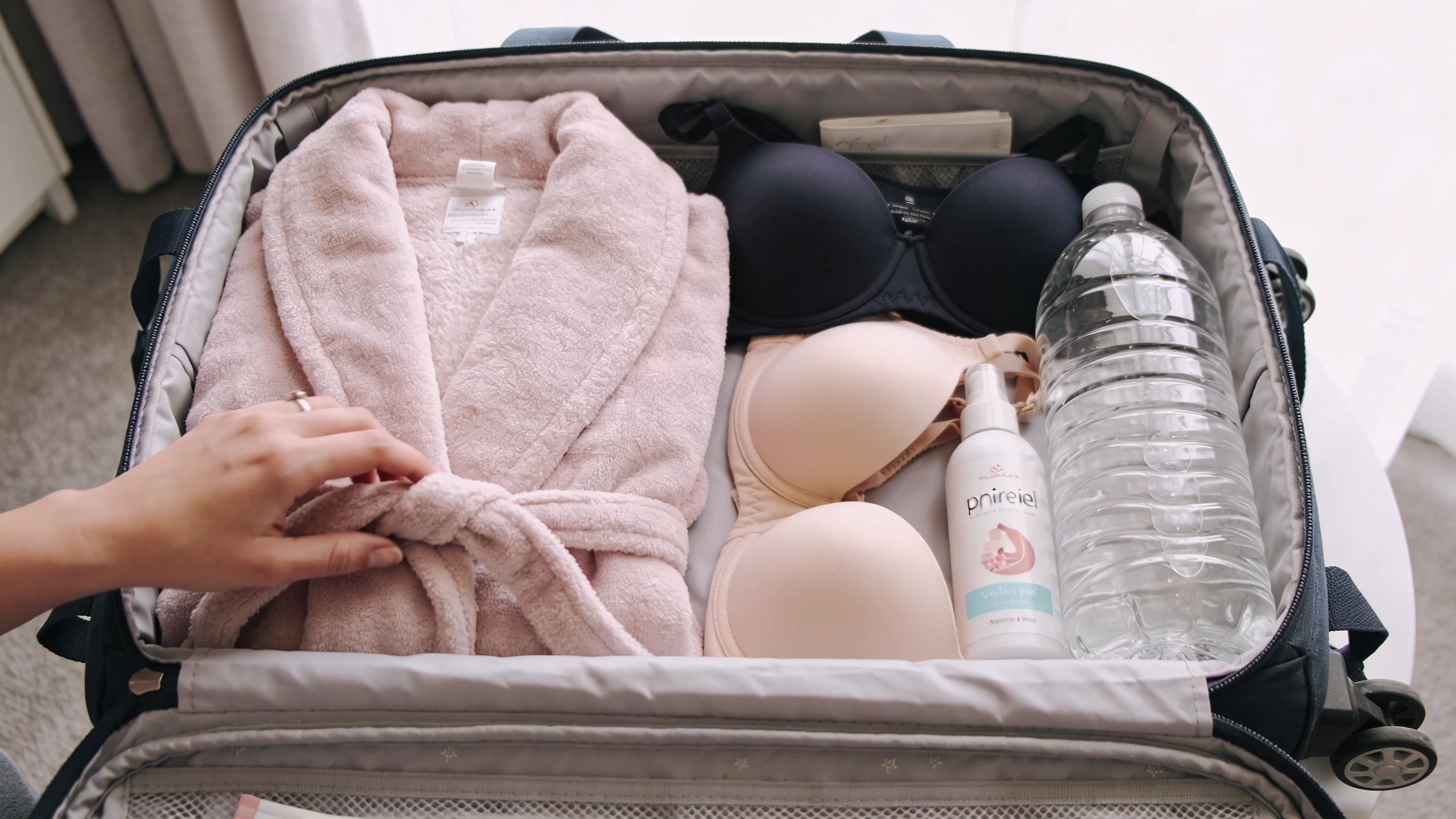 An open suitcase packed with newborn hospital bag essentials including a cozy pink robe, bras, and toiletries.