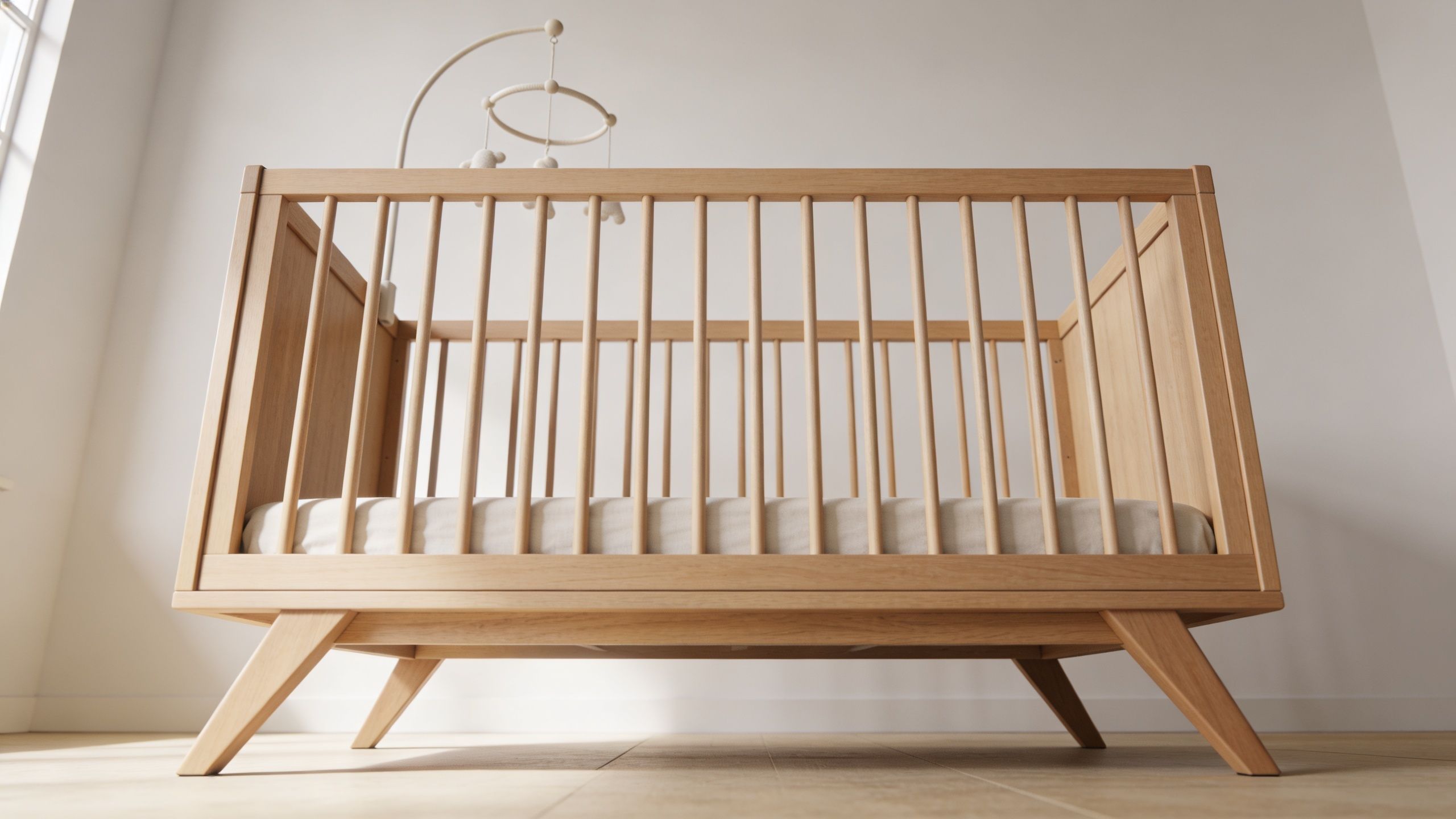 A modern light wood Babyletto crib with a simple mattress and a hanging mobile in a nursery.