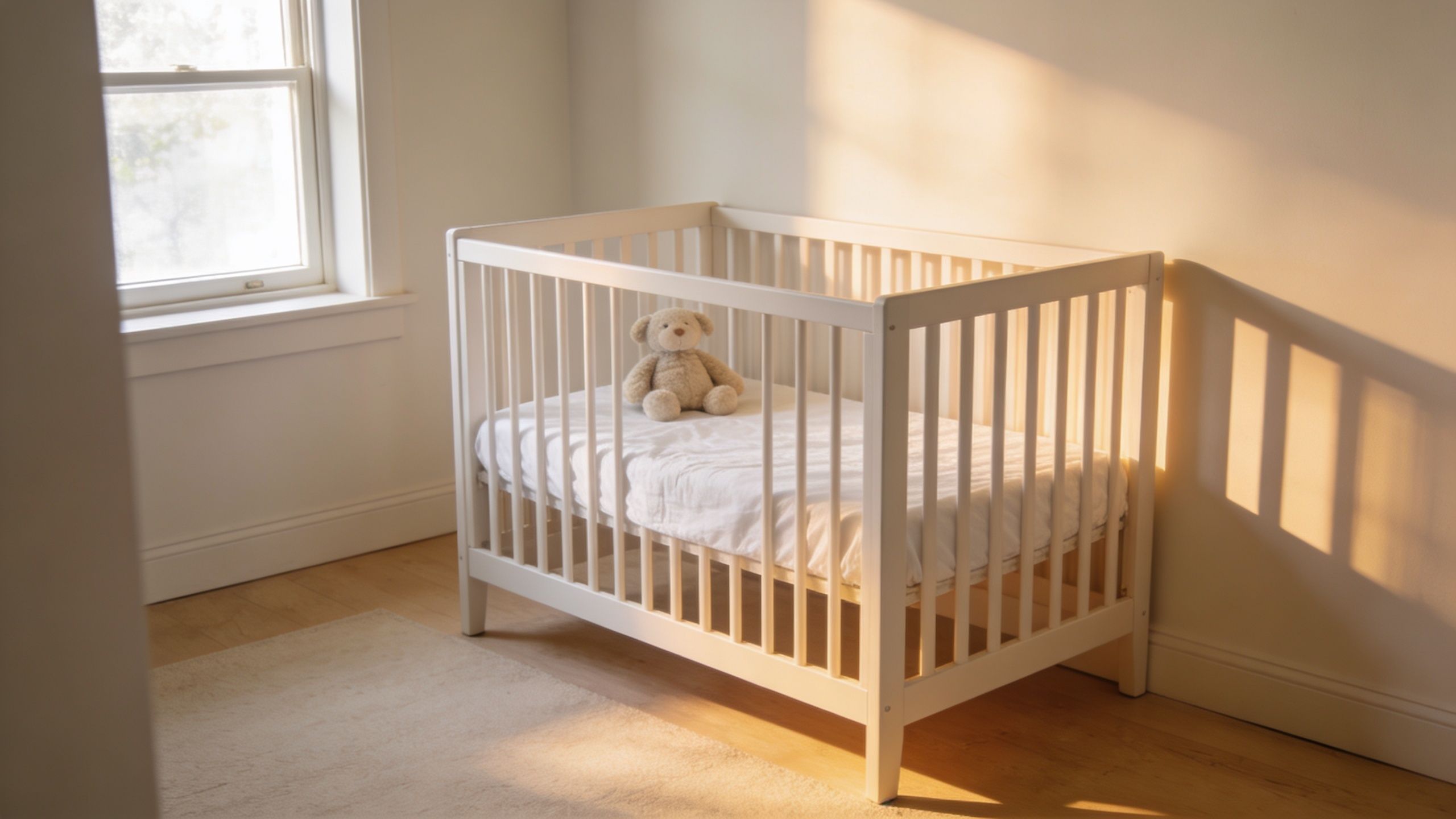 A minimalist white wooden crib with a plush teddy bear inside sits in a sunlit room. Babyletto crib reviews
