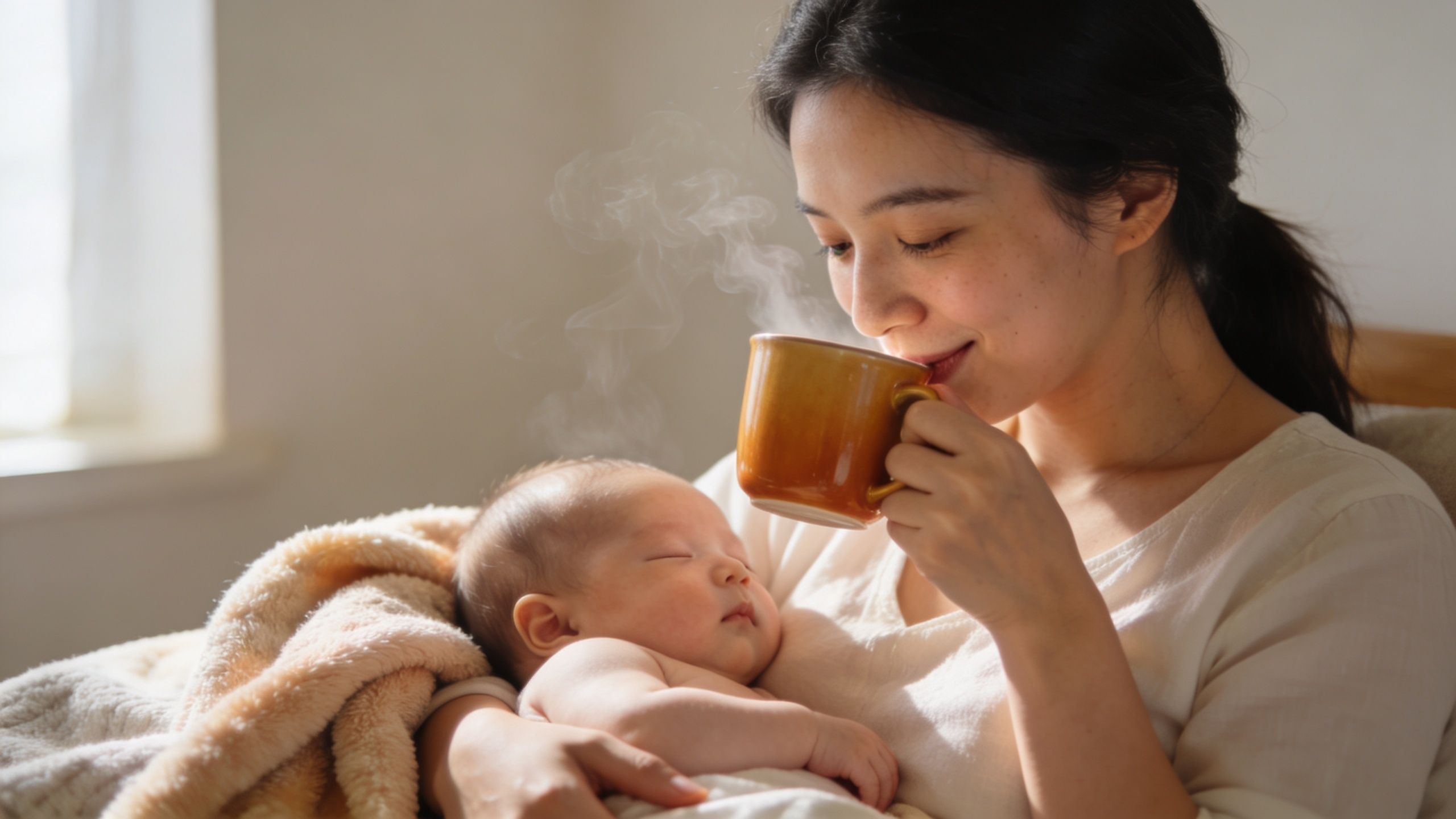 A gentle mother cradling her sleeping newborn baby while enjoying a warm, steaming mug of coffee.