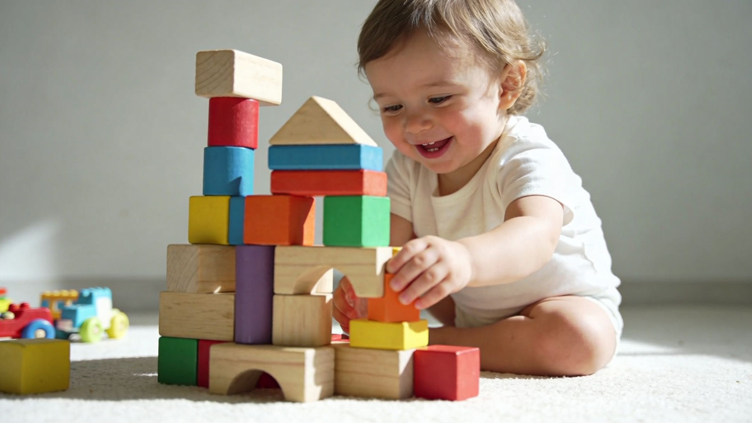 A happy toddler playing with colorful wooden building blocks on a soft carpet in a sunlit room.
