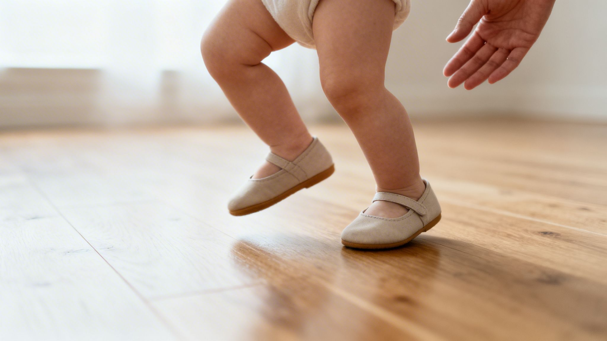 Close-up of a baby's legs and feet in light shoes learning to walk on a wooden floor. Best Shoes for Toddlers Learning to Walk