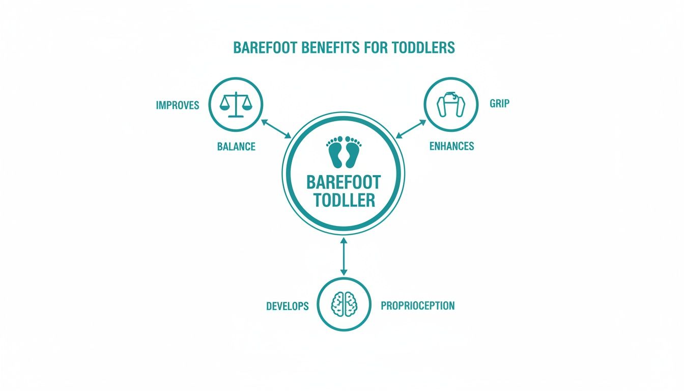 Diagram illustrating the benefits of barefoot toddlers, including improved balance, enhanced grip, and developed proprioception.