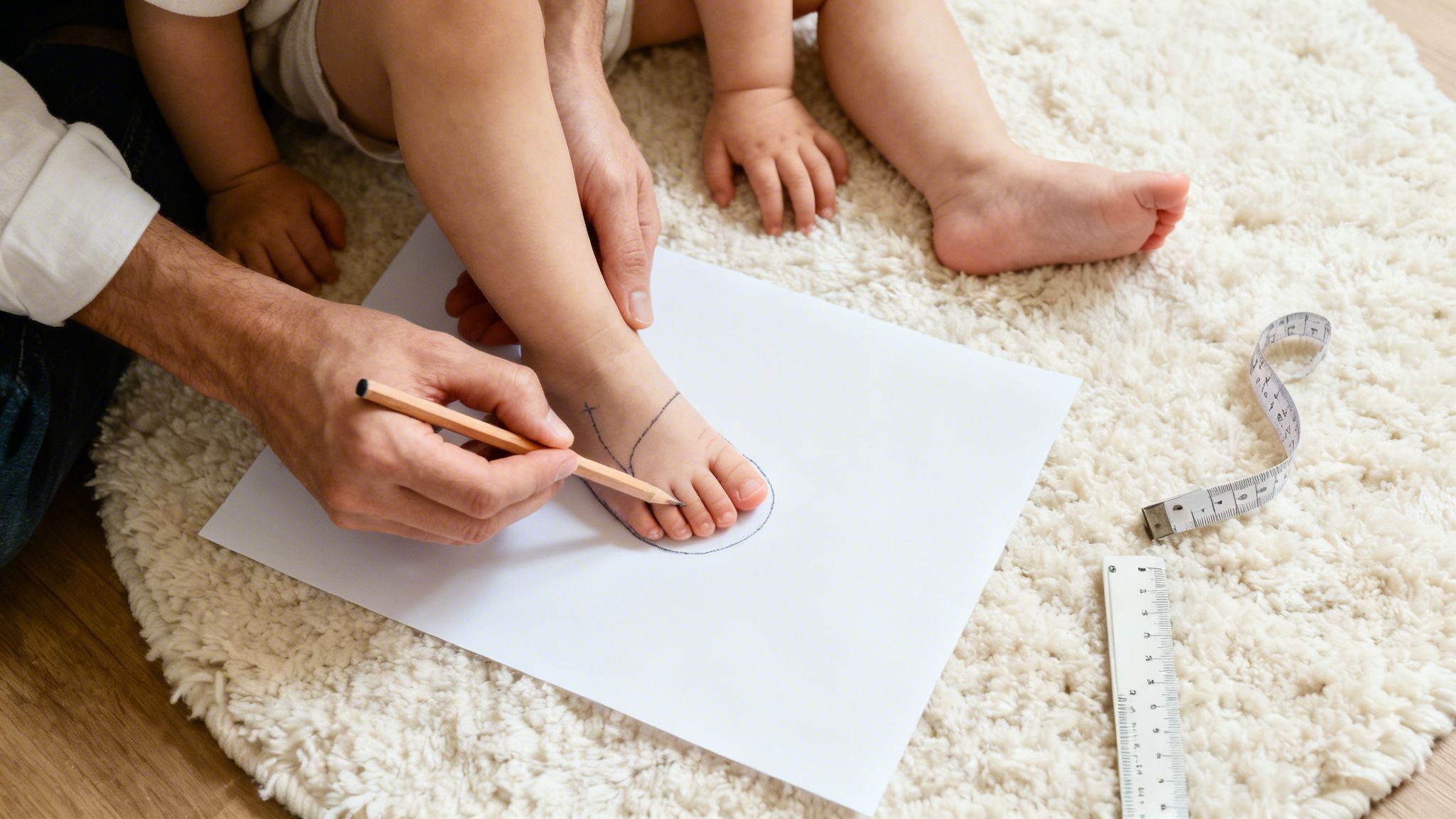 A parent traces a baby's foot on paper to measure for new shoes, on a fluffy rug.