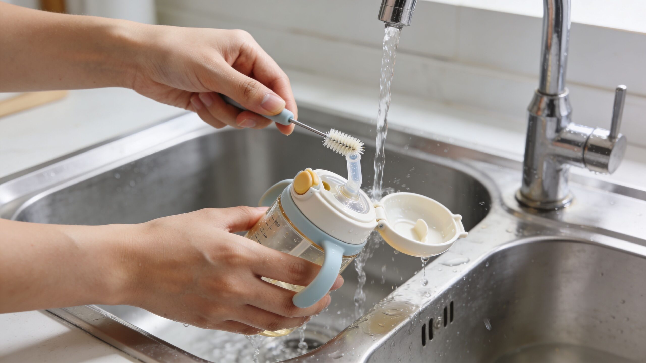A person cleaning a baby sippy cup with a straw and a small brush under running water.