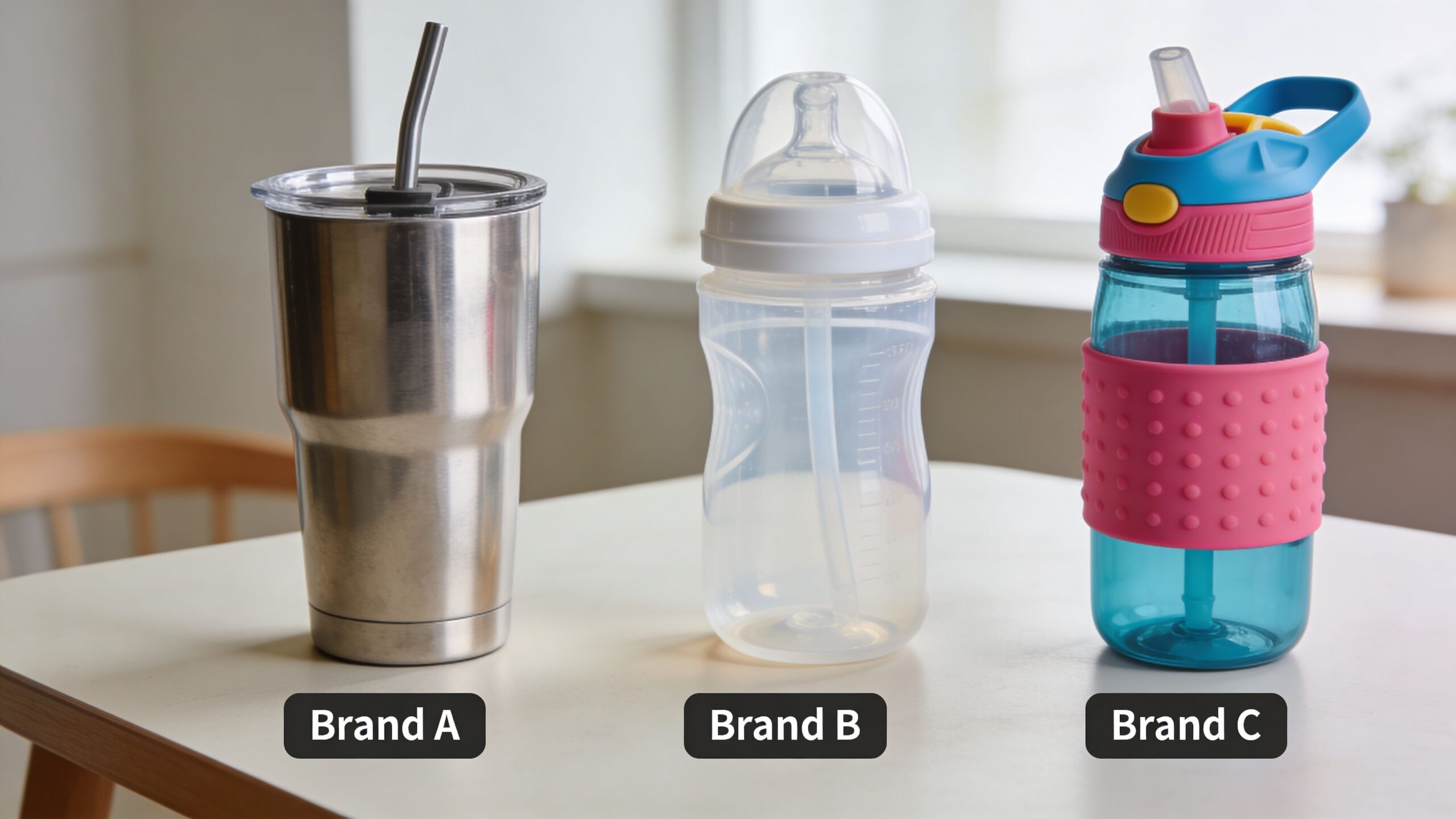 A stainless steel tumbler, a baby bottle, and a colorful plastic water bottle sitting on a table.