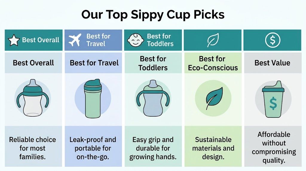 A chart comparing top-rated sippy cups categorized by best overall, travel, toddlers, eco-conscious, and value. Best sippy cups with straws