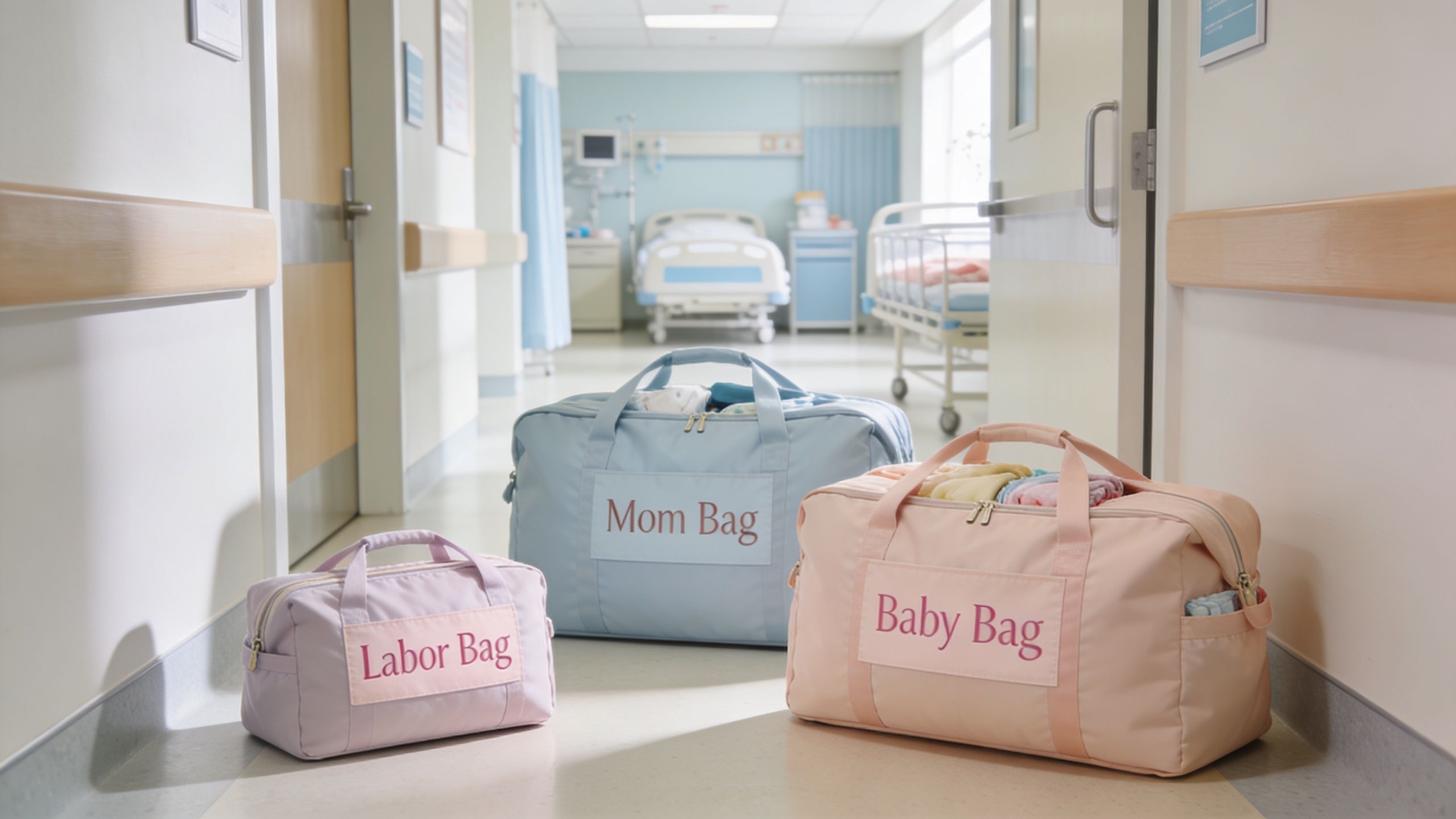 Three hospital bags labeled Labor Bag, Mom Bag, and Baby Bag placed on a hospital hallway floor.