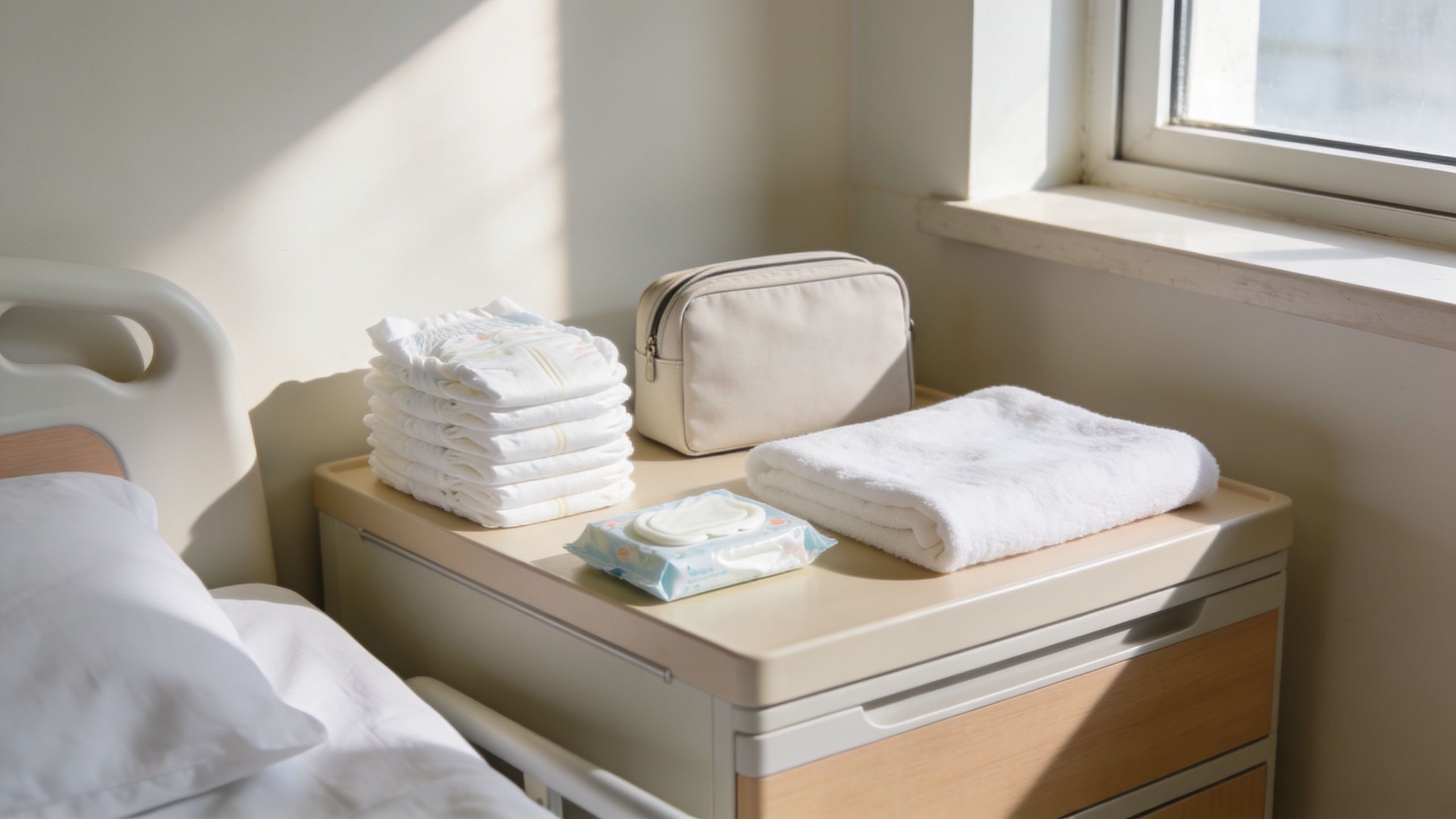 A bedside table in a hospital room with a stack of diapers, a toiletry bag, wipes, and a towel.
