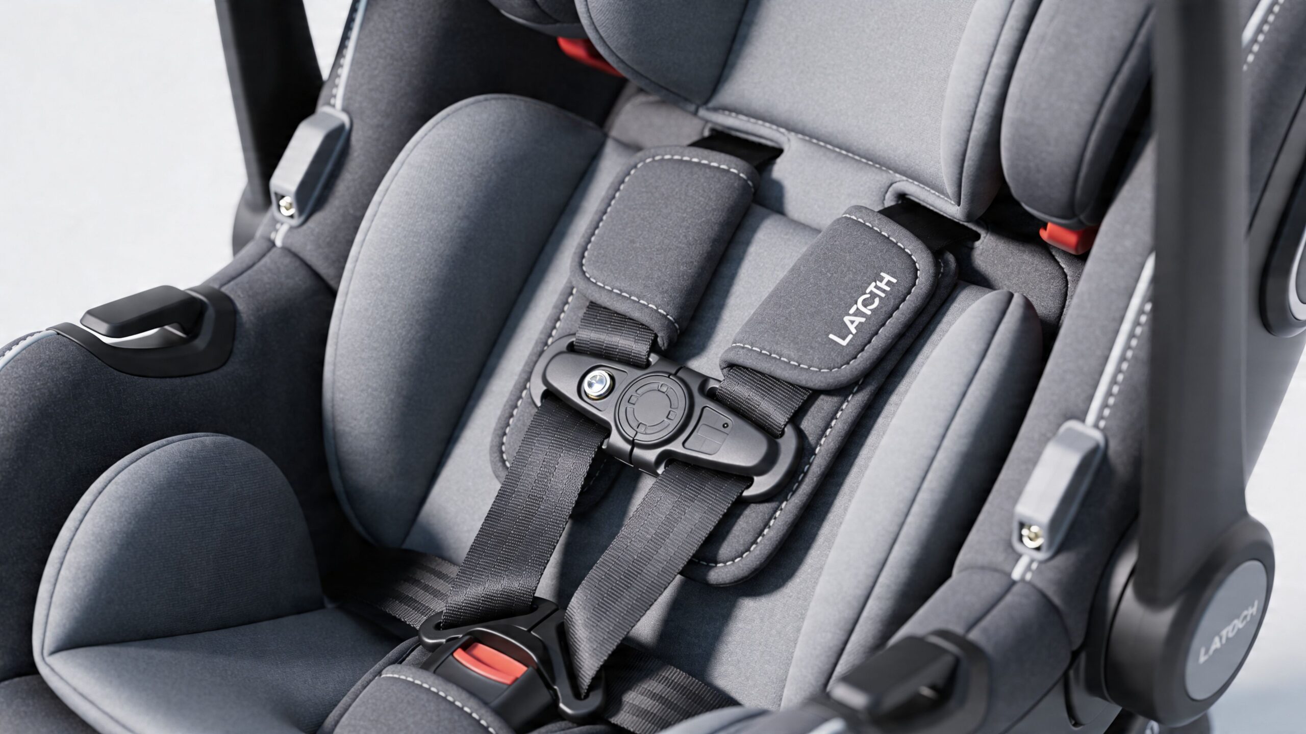 Close-up view of a secure five-point safety harness system on a modern gray convertible baby car seat.